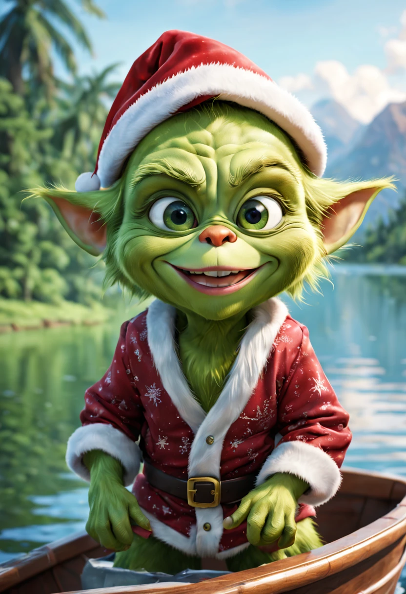 (fantastically beautiful baby Grinch), (huge expressive eyes), ((happy smile)), in a Hawaiian shirt, wearing a Santa Claus hat, riding a boat on the lake, fishing, summer, against the backdrop of nature, fantasy art, ultra-detailed, hyperrealism, dark world, bokeh and shimmering dust, Christiandior, impeccable lines, precise detailing