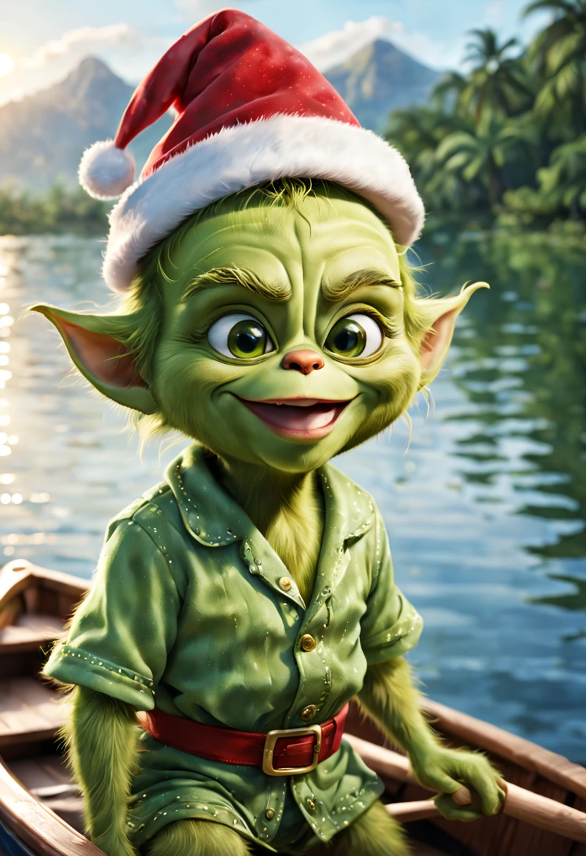 (fantastically beautiful Grinch), (huge expressive eyes), ((happy smile)), in a Hawaiian shirt, wearing a Santa Claus hat, riding a boat on the lake, fishing, summer, against the backdrop of nature, fantasy art, ultra-detailed, hyperrealism, dark world, bokeh and shimmering dust, Christiandior, impeccable lines, precise detailing