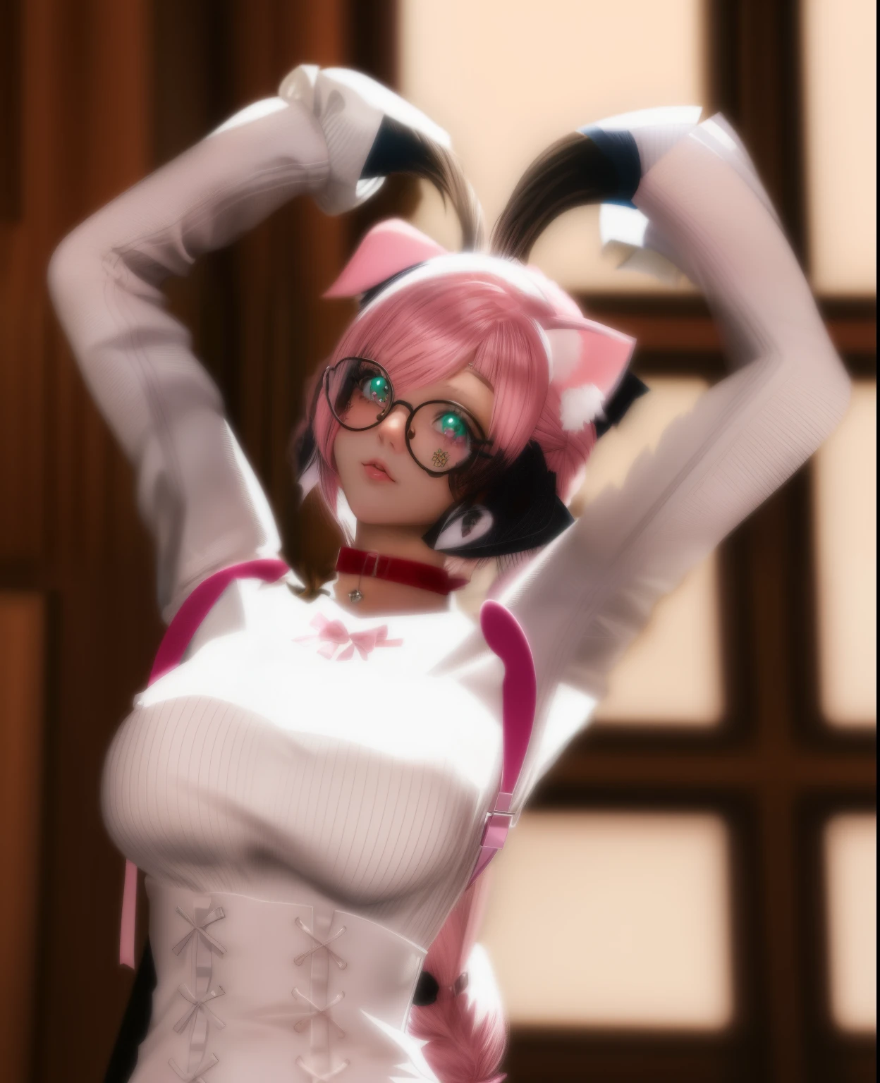 there is a woman with pink hair and a cat ears, pink twintail hair and cyan eyes, holding a pudica pose, twintails white_gloves, pudica pose, 2 b, spellcasting pose, 2b, girl with cat ears, attractive cat girl, playful pose, neferpitou, doing a sassy pose, white cat girl, good eyes . great eyes, dog girl