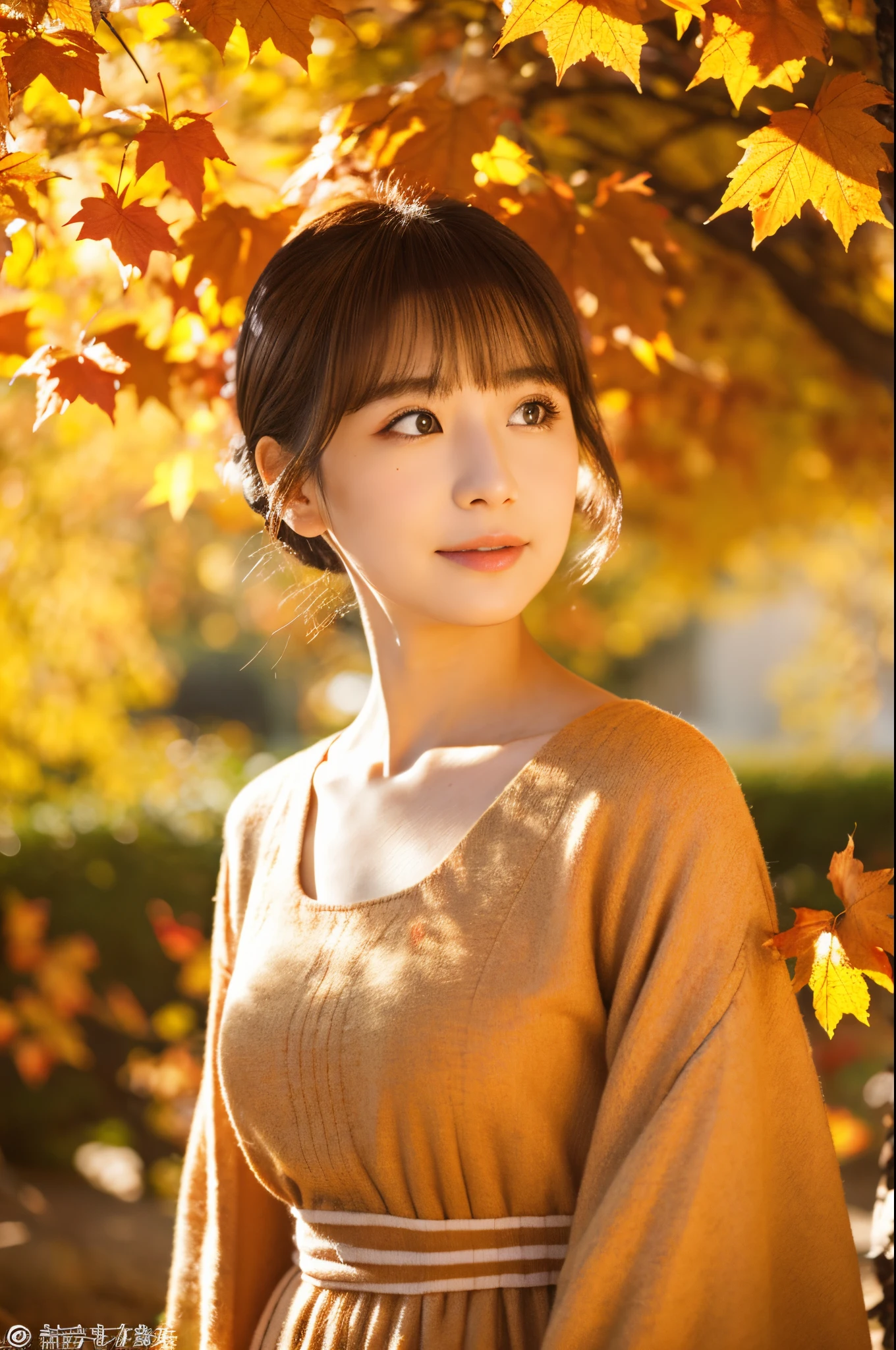 (dense woods: 1), the golden hour, Light brown eyes, 1 woman, Light clothing, (Photorealistic), (Complex Detail: 1.2), (masutepiece, :1.3), (of the highest quality: 1.4), (Ultra High Resolution: 1.2), (eye detailed ), (detailed facial features), Strong sunlight, 8K (Lens Flare: 0.7), (Lens Flare: 0.7), turned around,Feminine pose, Upper body, Tight waistline