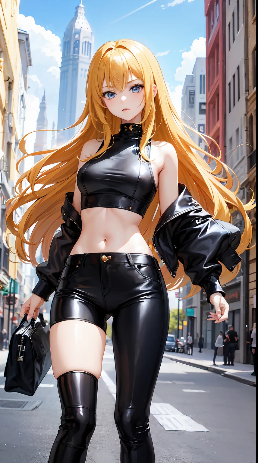 17 year old, 1girl in, Anime style, skinny body, Anime girl in a crop top with a leather motor jacket, Skinny Jeans Pants, long hair of bright golden color,, Blue eye color, Posed photos of her cute poses, Straight down the street of the tower, Anime Art Wallpapers, Detailed, 8K, High quality