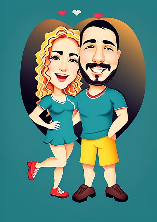 Em um desenho animado vibrante, a happy couple stands in front of a heart, imerso em amor e alegria. Com recursos de desenho animado e um estilo de arte digital, the illustration captivates with its expressiveness. O casal&#39;His portrait is a charming representation of romanticism, capturing the passion between man and woman. The charm of the caricature is evident, creating a romantic couple immersed in happiness. The proximity between the two is highlighted, tornando a cena ainda mais envolvente. This cartoon art is a visual celebration of love, conveying warmth and tenderness with its captivating aesthetic.
