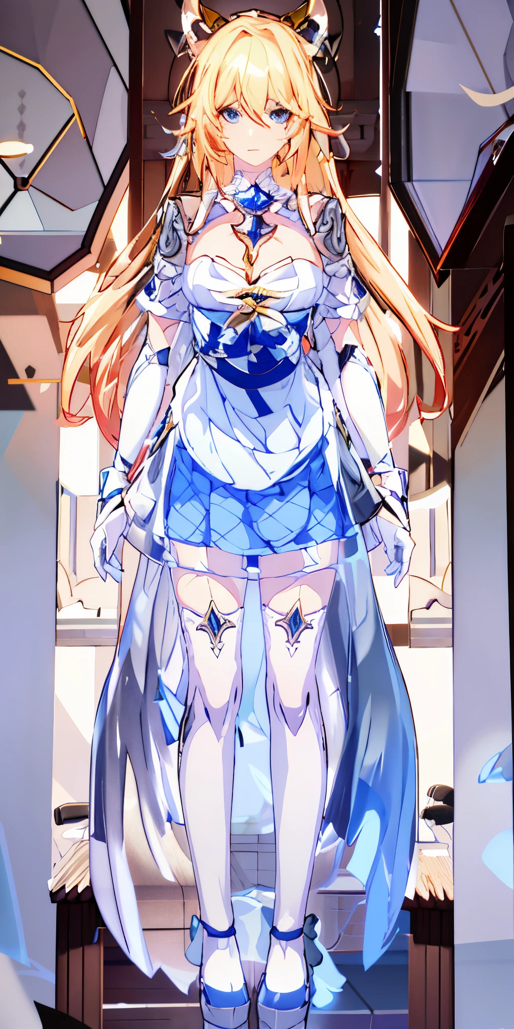 ((Masterpiece, highest quality)), detailed face, character sheet, Full body, 1girl, light blue eyes, long blonde thin hair, short hair, ahoge, happy, ((long straight hair)), ((large breasts, visible nipples)), ( hair between eyes, tight military white dress, minkirt, many belts, cardigan, black thigh-highs, smile, yandere, gold and sapphire theme, pale skin, full of details, multiple poses and expressions, highly detailed, depth, many parts, ((exposed pussy, perfect pussy, beautiful pussy, visible pussy lips:1.1)),