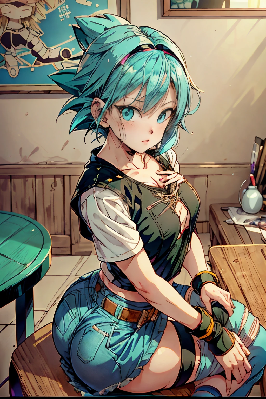 a close up of a person with blue hair sitting at a table, bulma from dragon ball, saiyan girl, short blue haired woman, anime girl named lucy, anime style”, fubuki, female goku, girl with blue hair, toriyama akira, seductive anime girl, furr covering her chest, by Akira Toriyama, 90s anime style