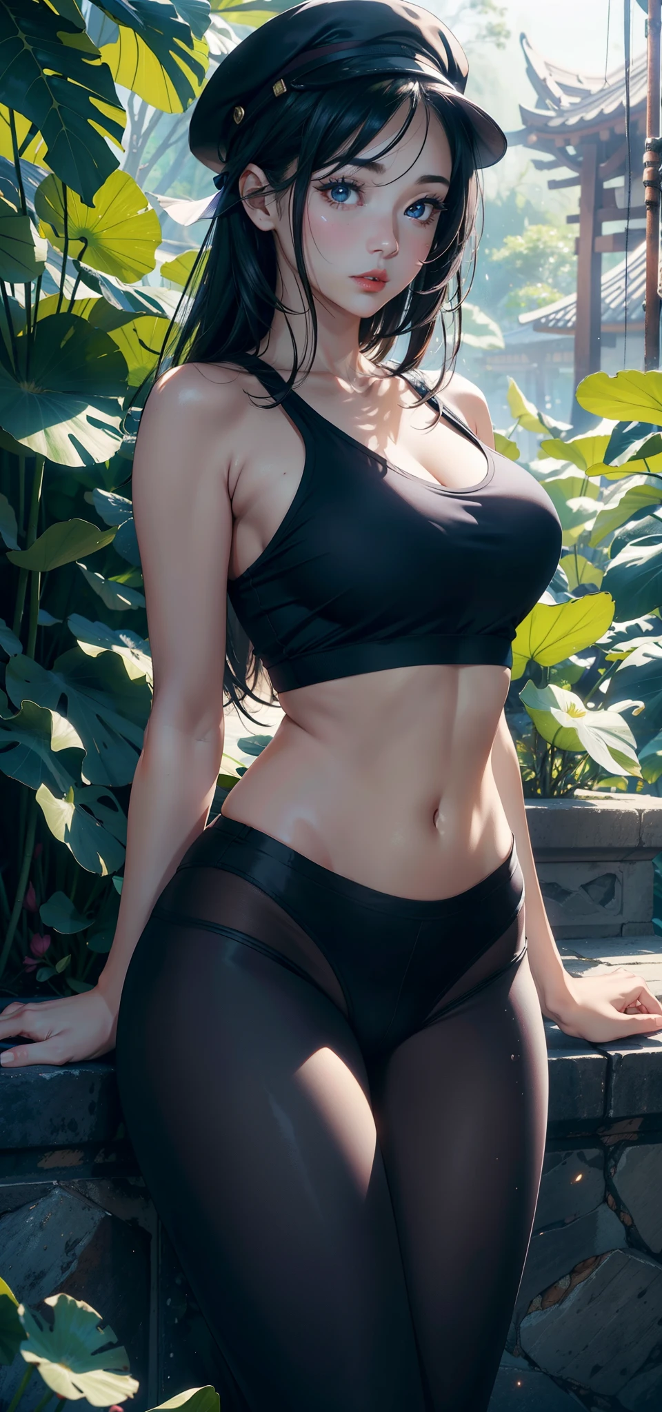 1人の女性,43 yeas old,熟妇,The chest is large,a little bit chubby, photo exposure, 独奏,(Background with:the rainforest,lotus flower,Ground area water)Stand deep in the forest, She has short black hair,Redlip,Nakeness girl,dynamicposes,seen from the front, hair straight, The sky is mostly cloudy,(((tmasterpiece),(Very detailed CG unified 8k wallpaper),Best quality,电影灯光,detailed back ground,beautidful eyes,Bright pupils,(very delicate beautiful),(Beautiful and detailed eyes description)黑The eye,Redlip,ultra - detailed,tmasterpiece,)),facing at the camera,(Upper part of the body),A high resolution,ultra - detailed),Expose breasts exposed,Bare genitals,overmany,Genital leakage,legs are open,sexyposture,Camel toes,elementary student(dressed in:Sailor's cap,nakeness,Blue sailor suit,black colored leggings) ,Bare lower body