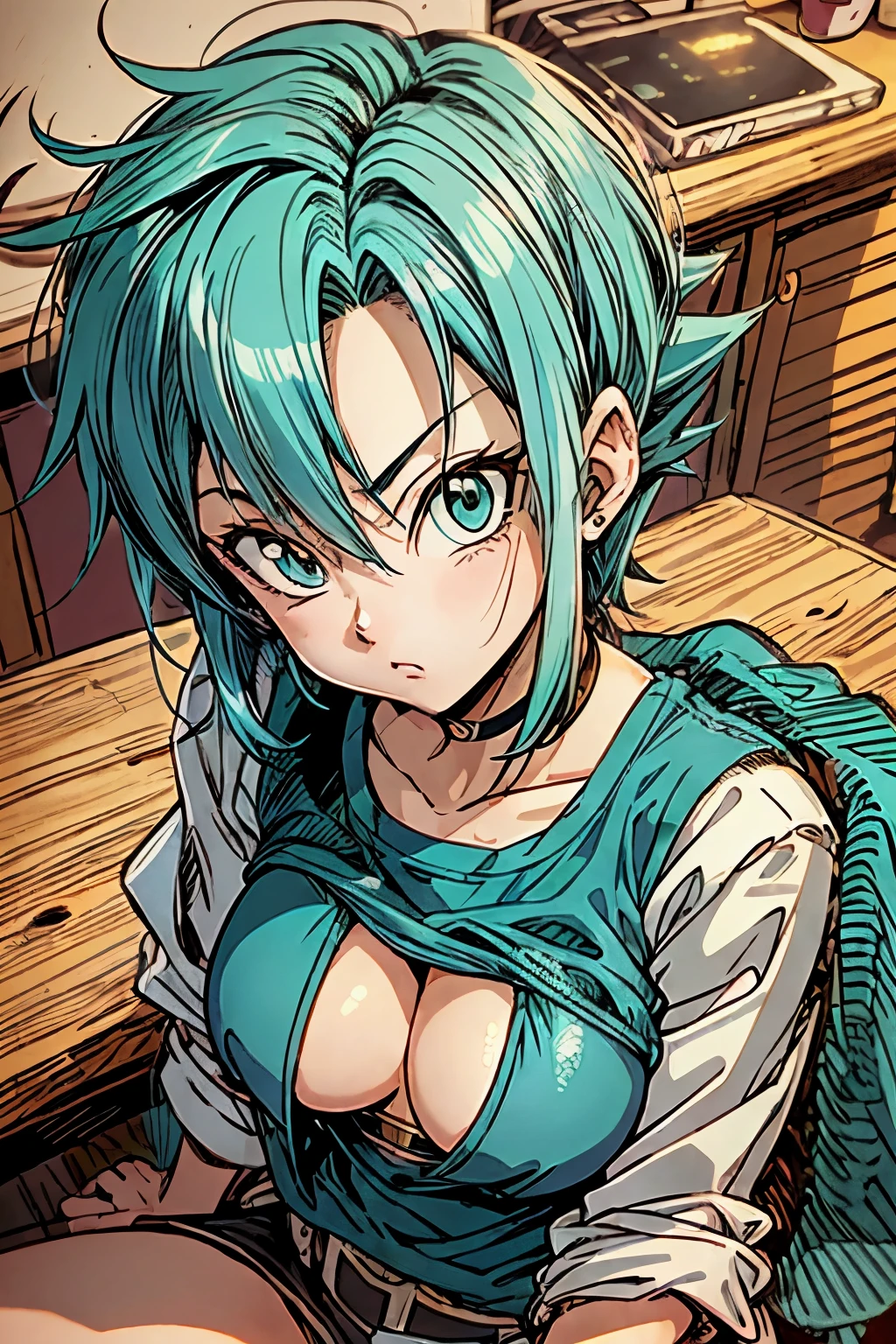 a close up of a person with blue hair sitting at a table, bulma from dragon ball, saiyan girl, short blue haired woman, anime girl named lucy, anime style”, fubuki, female goku, girl with blue hair, toriyama akira, seductive anime girl, furr covering her chest, by Akira Toriyama, 90s anime style