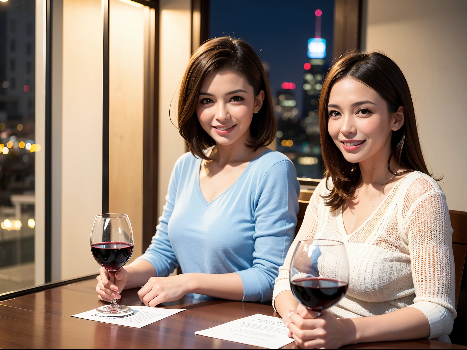 ((Highest quality、8K、masterpiece:1.3))、cute、slimカップル、modelカップル、actress男優、(Realistic, Intricate details:1.2), full-course dinner、Wine Party、Amazing view of the sunset sky and clouds、A bright smile、short hair,Bright Face、 (Age 37), 42 years old, red wine 、Appetizers、Italian food、Wine bottle、Champagne、sparkling wine、Two beauties、Brown Hair、Shortcuts、Long sleeve shirt、dress、Beautiful woman 1, (slimな顔), (The body is slim), (Brown Hair), (Shortcuts), cheeks turn a little red,Attractive beauty、restaurant, In a prominent place (From the waist up) Nova Frog Style, actress, model, Upper Body, White wine, slim, wine glass, 中央に置かれたwine glass, smile, (smile: 1.15), Beautiful fine grain, Depth f/2,saturation, High Contrast, Strong light and shadow,Moist Body:1.5、3D texture、Delicate eyes、Brown Hair、The hair is very shiny、