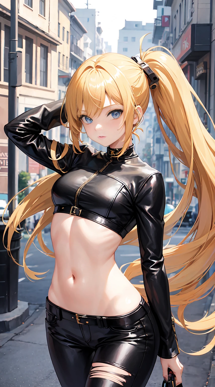 17 year old, 1girl in, Anime style, skinny body, Anime girl in a crop top with a leather motor jacket, Skinny Jeans Pants, long hair of bright golden color,, Blue eye color, Posed photos of her cute poses, Straight down the street of the tower, Anime Art Wallpapers, Detailed, 8K, High quality