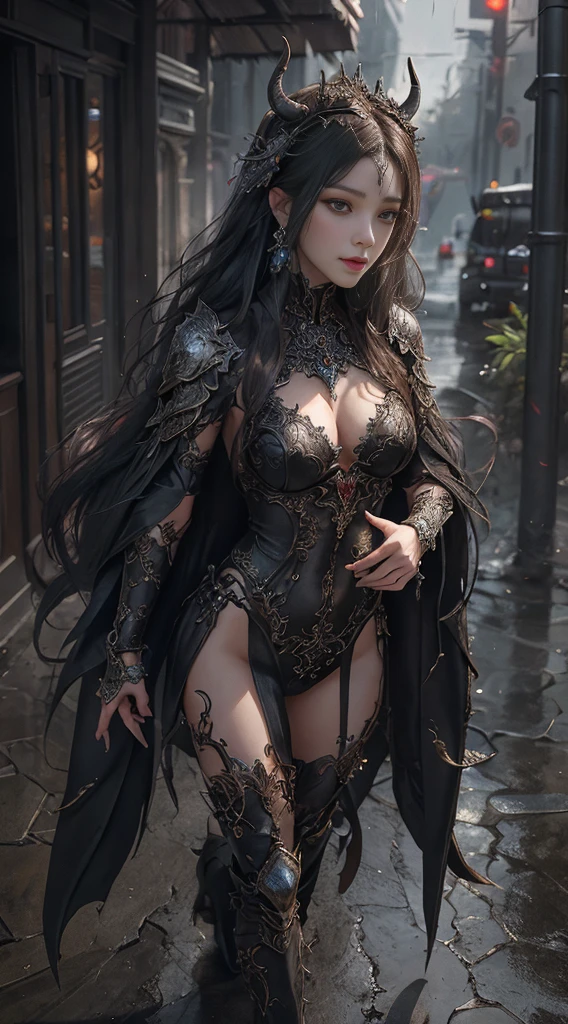 woman wearing devil&#39;s clothes, Realistic art station, Scene of heavy rain, detailed fantasy art, Stunning character art, Beautiful and beautiful character art, Beautiful demon armor, The is very detailed, Devil armor girl, Exquisite and intricate headdresses and jewelry, Full body capture,