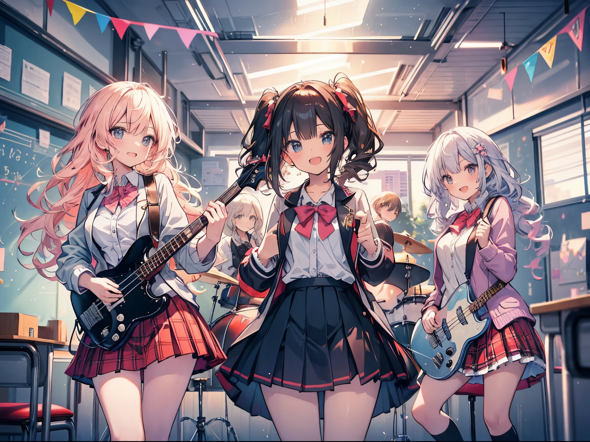 4 High School Girls, High school girls forming a band, Blazers and skirts, kawaii, A delightful, Light Music Club, Inside the classroom after school, drums and vocals、bass, high-level image quality, Masterpiece, top-quality
