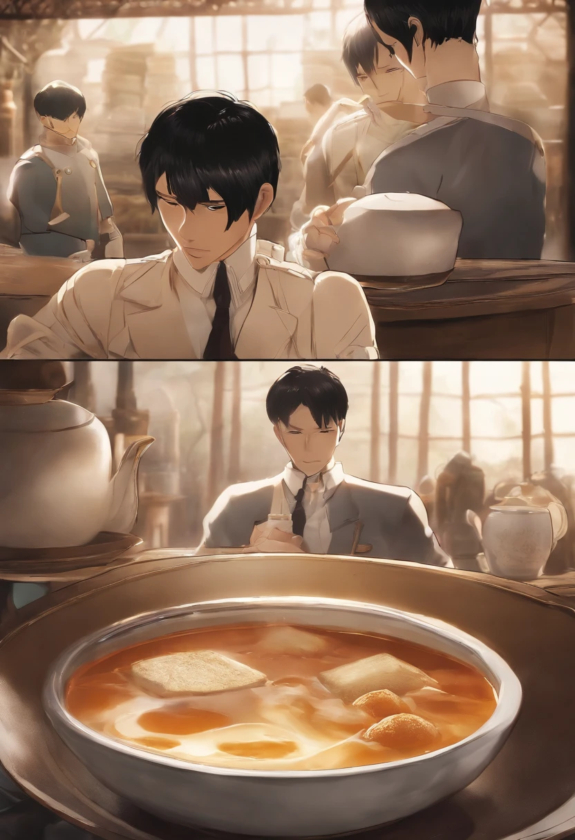 A close-up photo of a bowl of warm soup with a piece of bread on the side, steam rising from the surface.,Attack on Titan,Bertholdt is very tall with tan skin, a large nose, murky teal eyes, very short black hair with short M-shaped bangs. (Bertholdt Hoover from Attack on Titan)