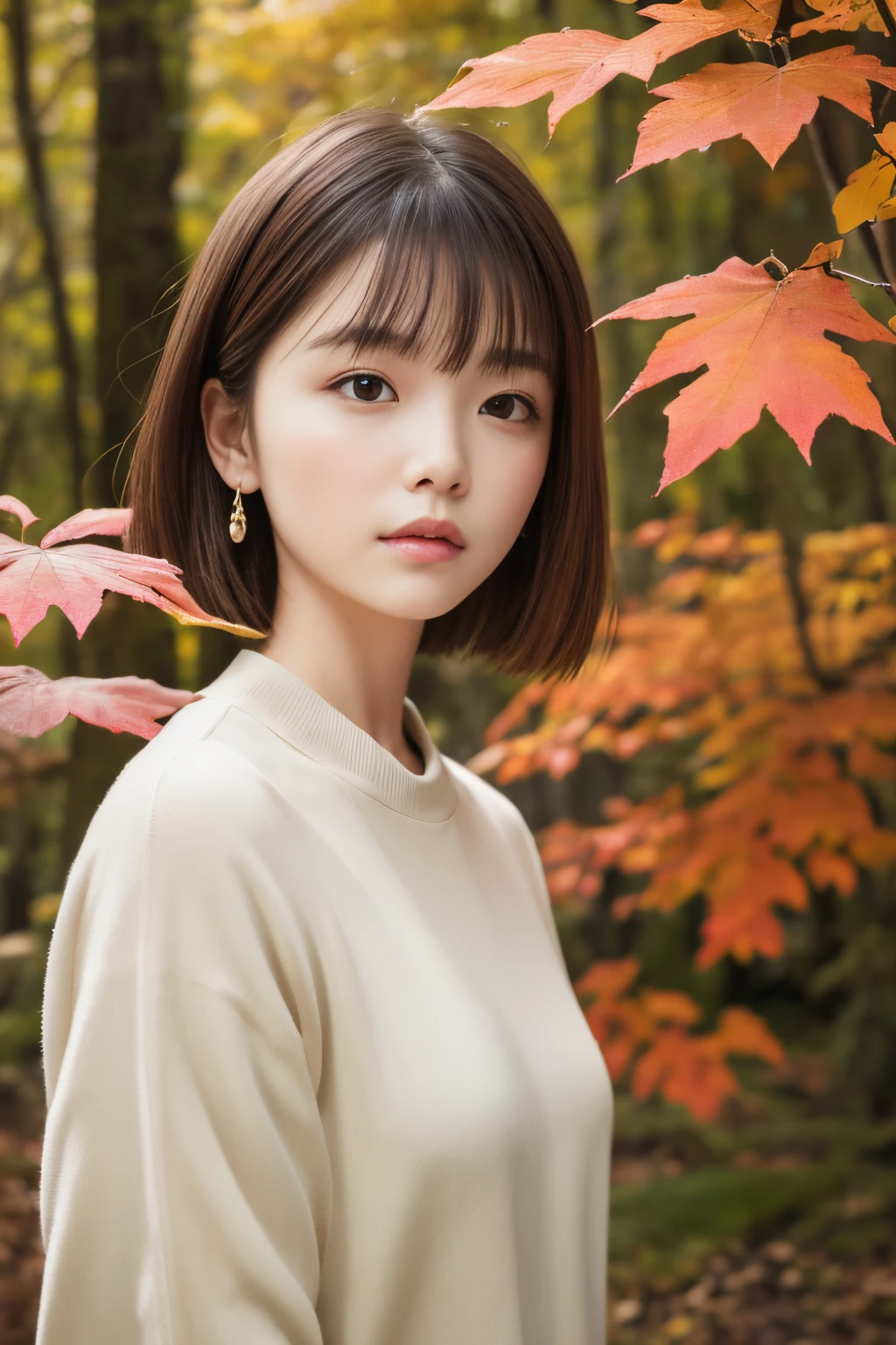 masuter piece、独奏、 woman、short-cut、Natural color clothing、Natural look、top-quality、ultra-detailliert、High quality detailing、８ｋ、Colored leaves:1.5、deep autumn forest、Tree leakage day、Silence