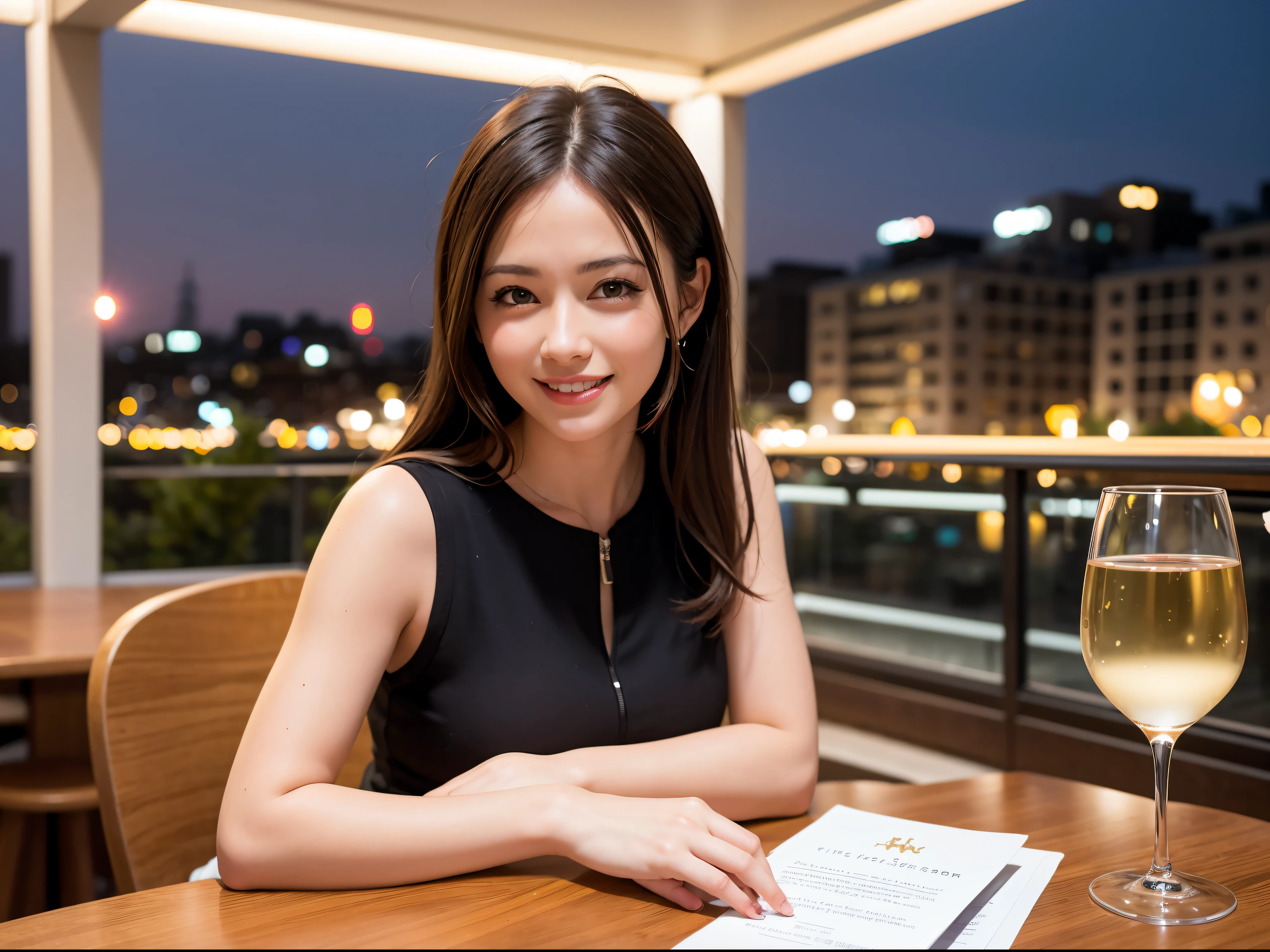 (64K, UHD, top quality, masterpiece: 1.2), (realistic, photorealistic: 1.37), super detailed, pretty woman 1 person, (slim face), (slim body), (brown hair), (short cut), cheeks slightly blushing, (35 years old), 38 years old, solo, beautiful detailed urban night view outside the window, restaurant, wine glasses sit, at night, in a prominent place (from the waist up) NovaFrogStyle, Actress, Model, Waist Up, White Wine, Slim, Wine Glass, Super Clean Night View, Wine Glass Put in the Middle, Happy Smile, (Smile: 1.15), Beautiful Fine Eyes, Upper Body, Bust Japan Up, Night, Short, Short, Actress, Model, Waist Up, White Wine, Slim, Wine Glass, Super Clean Night View, Wine Glass Put in the Middle, Happy Smile,