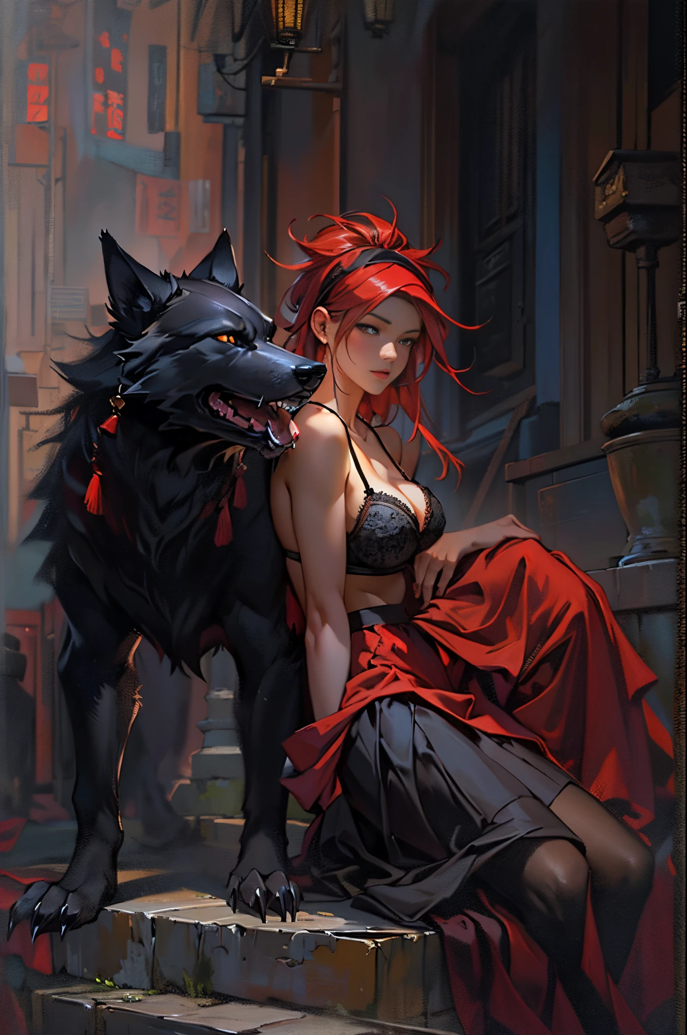 Depicts a powerful werewolf hugging a blonde girl，(((black humanoid wolf)))，(((Black furry humanoid wolf)))，(((beautiful sexy girl)))，(((Girls wear：red head band, cloaks, Large bra, a skirt, red long skirt，laced dress)))，((Sexual suggestiveness))，Correct anatomy，Detailed faces, 詳細な目，(((the right proportions)))，The city at night，The lights came on，(post impressionist),(Fechin Oil Painting - Fechin Oil Painting , oil painted), 03