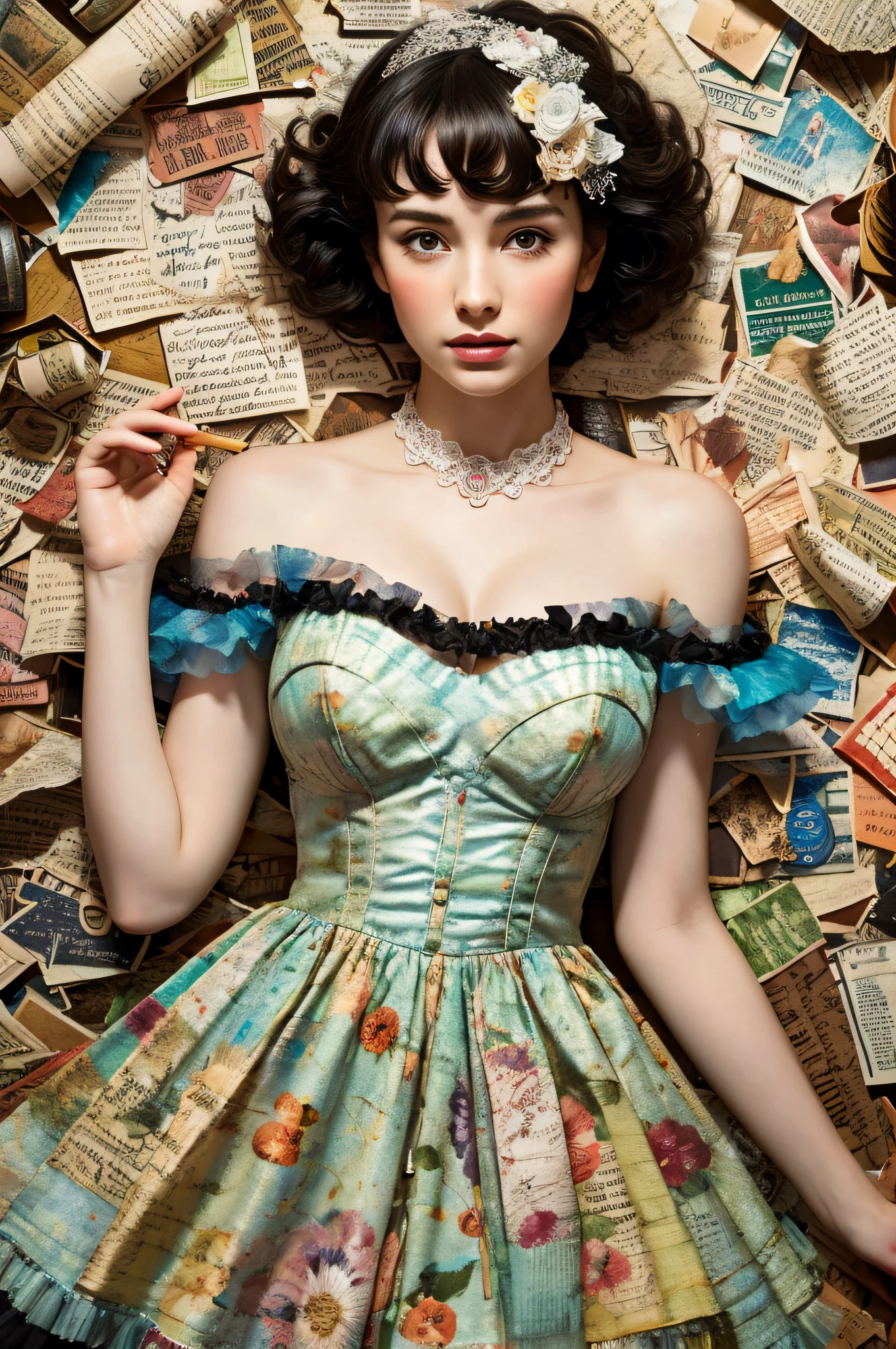 Super detailed alcohol ink painting of gorgeous girl, Made on top of a mixed-media masterpiece patchwork of stress-free vintage script paper, Ephemera, Torn cardboard, Vintage newspaper, Vintage sheet music, Wax Seal, Dress made of paper ruffles and life-size dainty lace, in the style of [Junk Journal, double exposure, Equal to the size of the body, Greg Simkins, Mark Davis, Oliver Jeffers, Andy Kehoe], Cinematic, Stunning, Highly detailed, 8K, dehazed