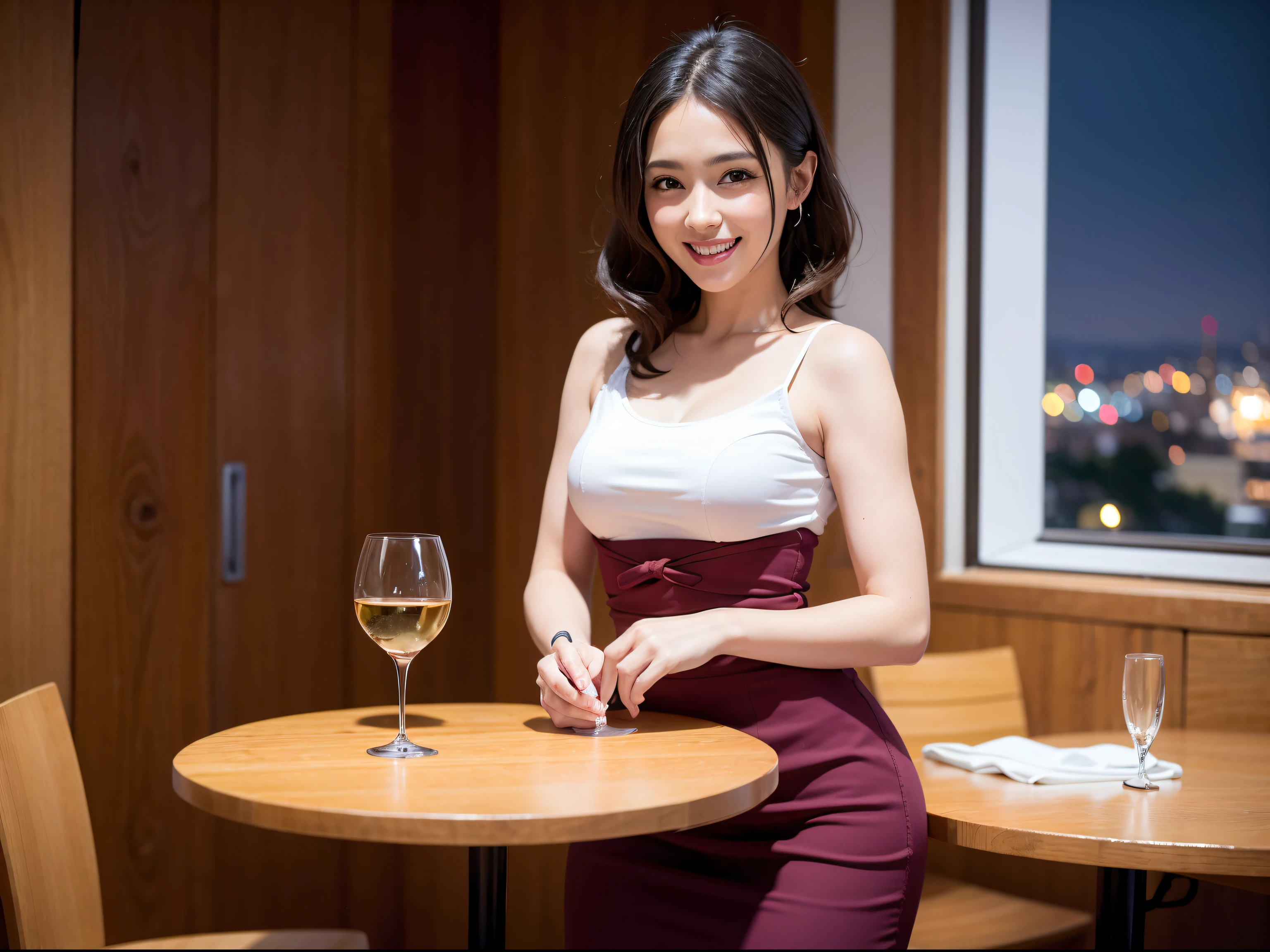 (64K, UHD, top quality, masterpiece: 1.2), (realistic, photorealistic: 1.37), super detailed, pretty woman 1 person, (slim face), (slim body), (brown hair), (short cut), cheeks slightly blushing, (35 years old), 38 years old, solo, beautiful detailed urban night view outside the window, restaurant, wine glasses sit, at night, in a prominent place (from the waist up) NovaFrogStyle, Actress, Model, Waist Up, White Wine, Slim, Wine Glass, Super Clean Night View, Wine Glass Put in the Middle, Happy Smile, (Smile: 1.15), Beautiful Fine Eyes, Upper Body, Bust Japan Up, Night, Short, Short, Actress, Model, Waist Up, White Wine, Slim, Wine Glass, Super Clean Night View, Wine Glass Put in the Middle, Happy Smile,