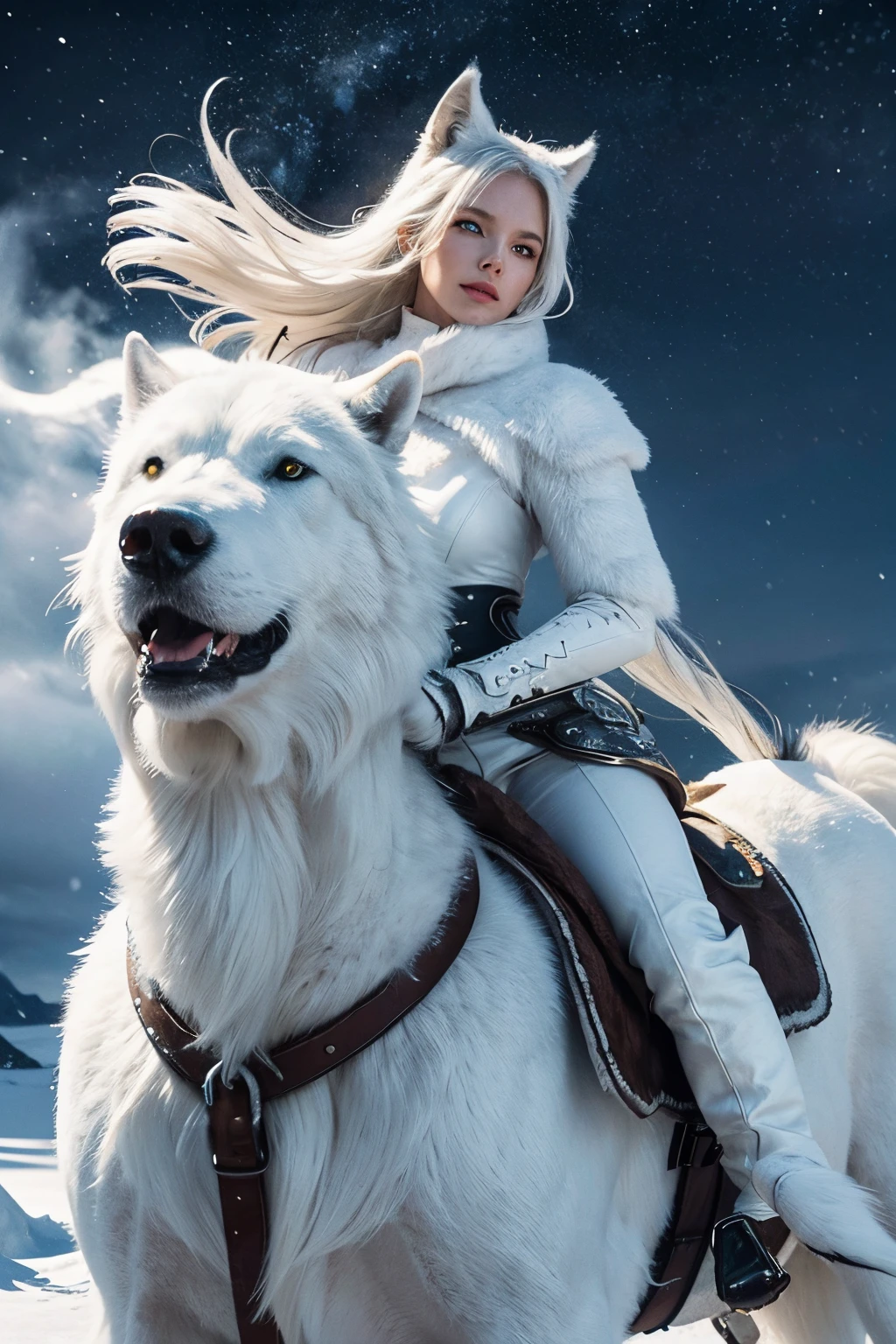 A Nordic barbarian woman, riding on a giant white wolf mount, all white leather and fur outfit, arctic scenery, snow storm, dramatic scene, at night, polar aurora, beautiful shading, vibrant colors, 8k,  snow particle effects, photo-realistic, HDR, intricate details, detailed face, detailed eyes, detailed skin, extreme realism