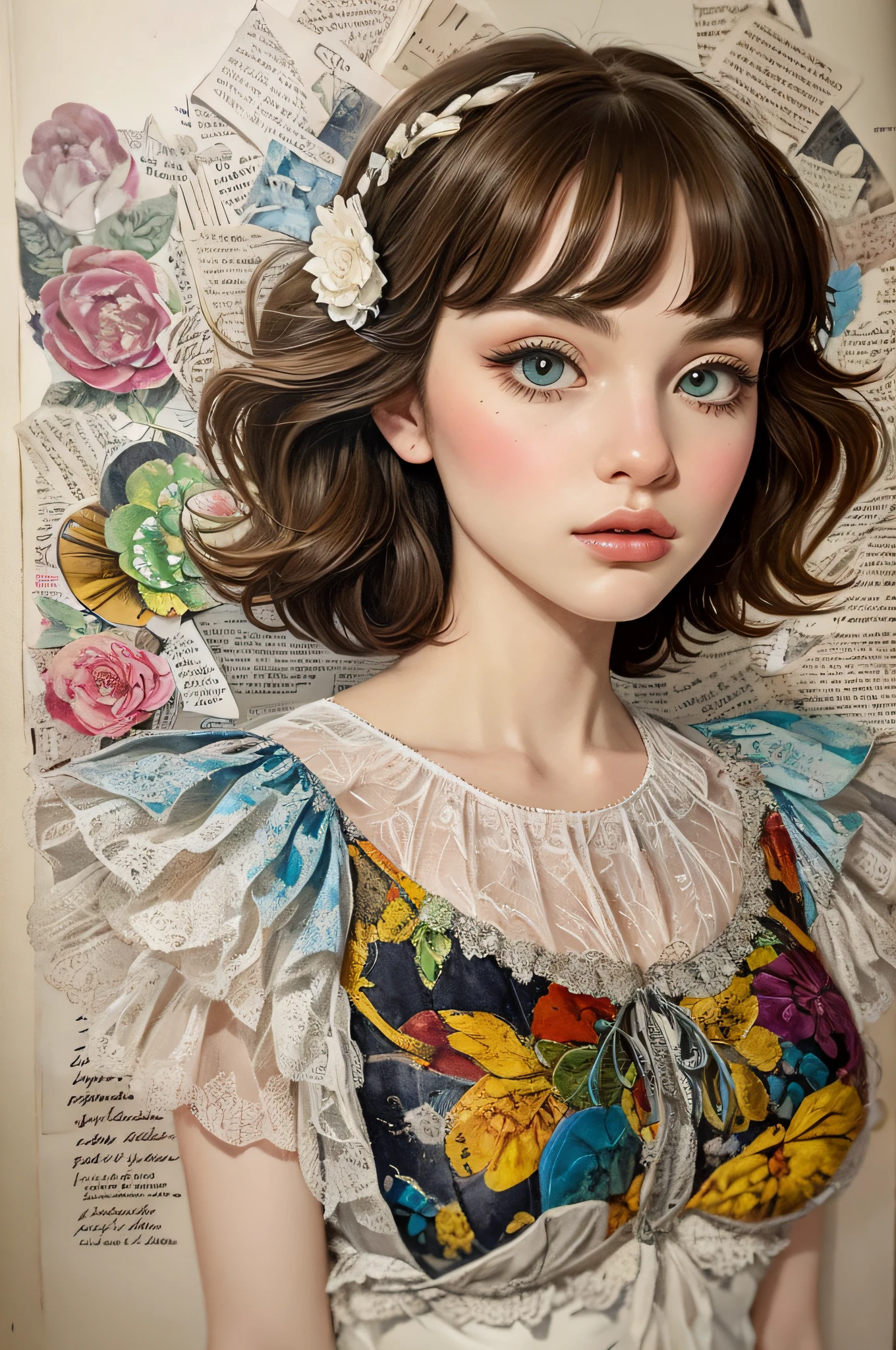 Super detailed alcohol ink painting of gorgeous girl, Made on top of a mixed-media masterpiece patchwork of stress-free vintage script paper, Ephemera, Torn cardboard, Vintage newspaper, Vintage sheet music, Wax Seal, Dress made of paper ruffles and life-size dainty lace, in the style of [Junk Journal, double exposure, Equal to the size of the body, Greg Simkins, Mark Davis, Oliver Jeffers, Andy Kehoe], Cinematic, Stunning, Highly detailed, 8K, dehazed