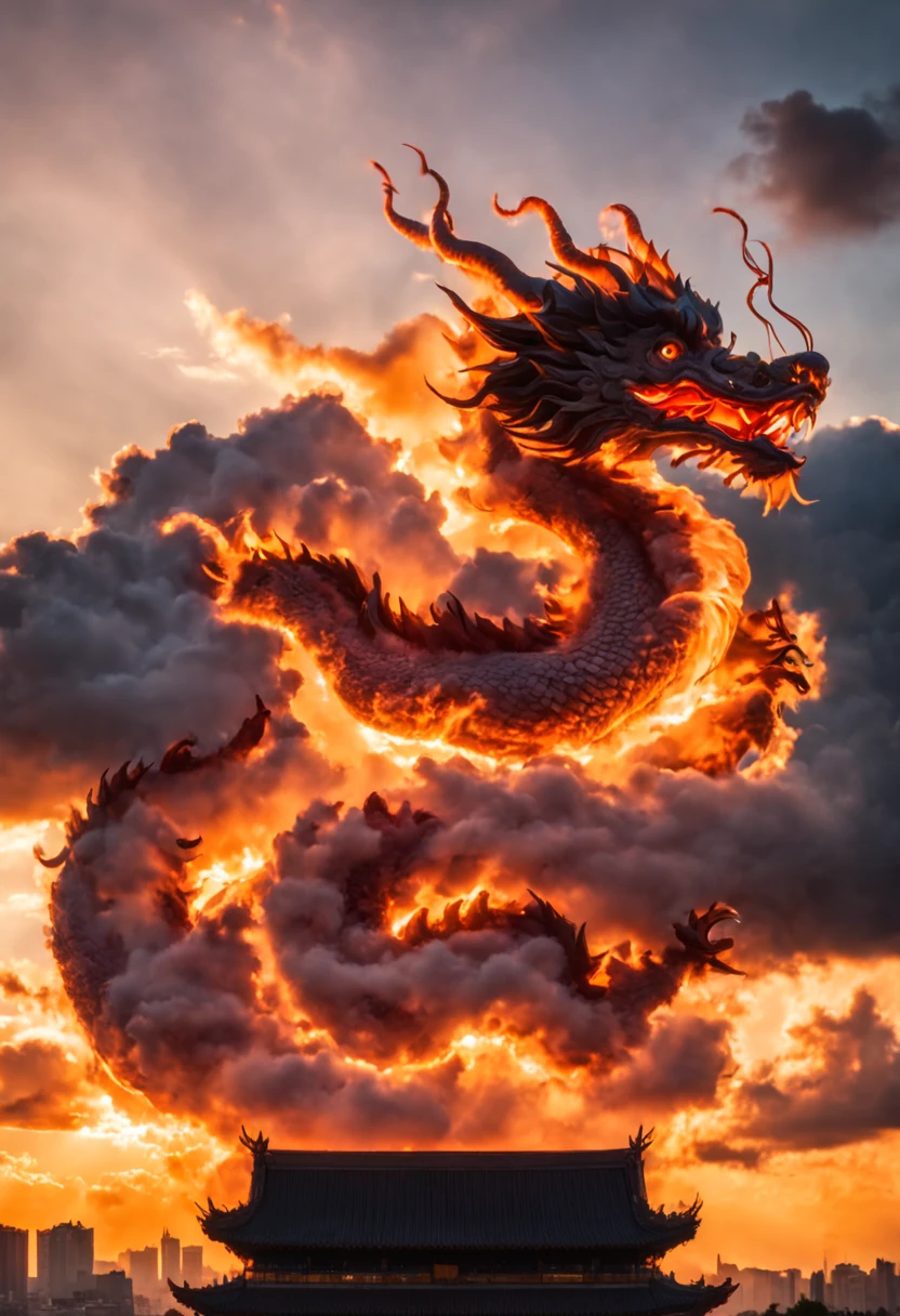 Cloud that looks like a Chinese Dragon illuminated by the rays of the setting sun
