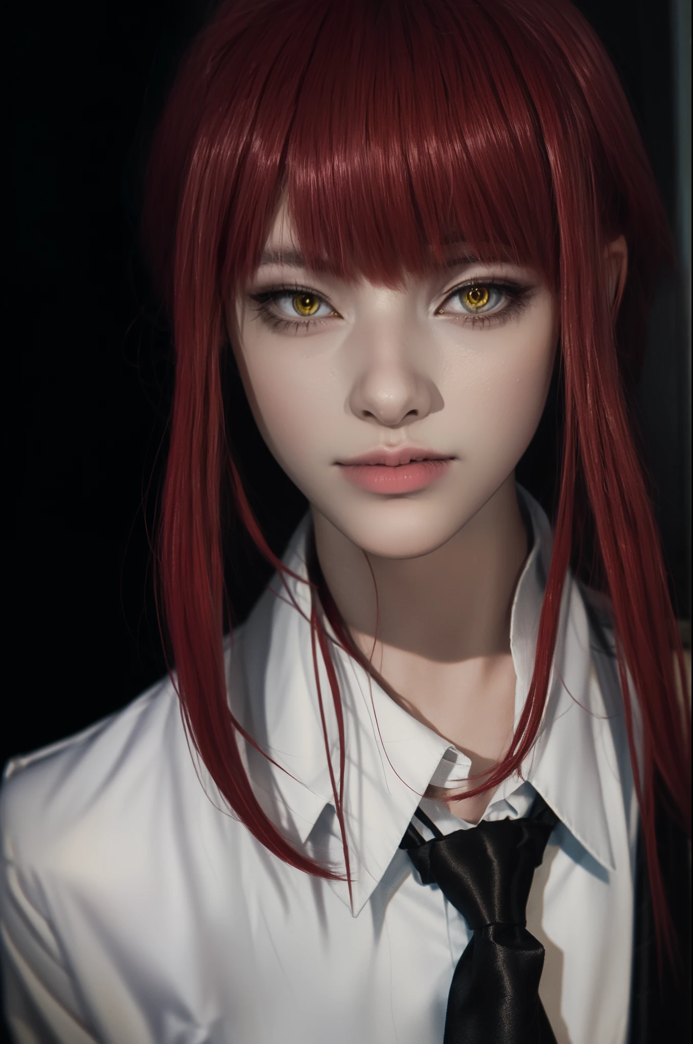 beautiful gorgeous Makima woman staring at the viewer, RAW photo, masterpiece, 8k, yellow ringcle eyes, sharp, red hair, white shirt, (black tie), volumetric lightning, superdetailed, makima (\chainsawman\), model pose