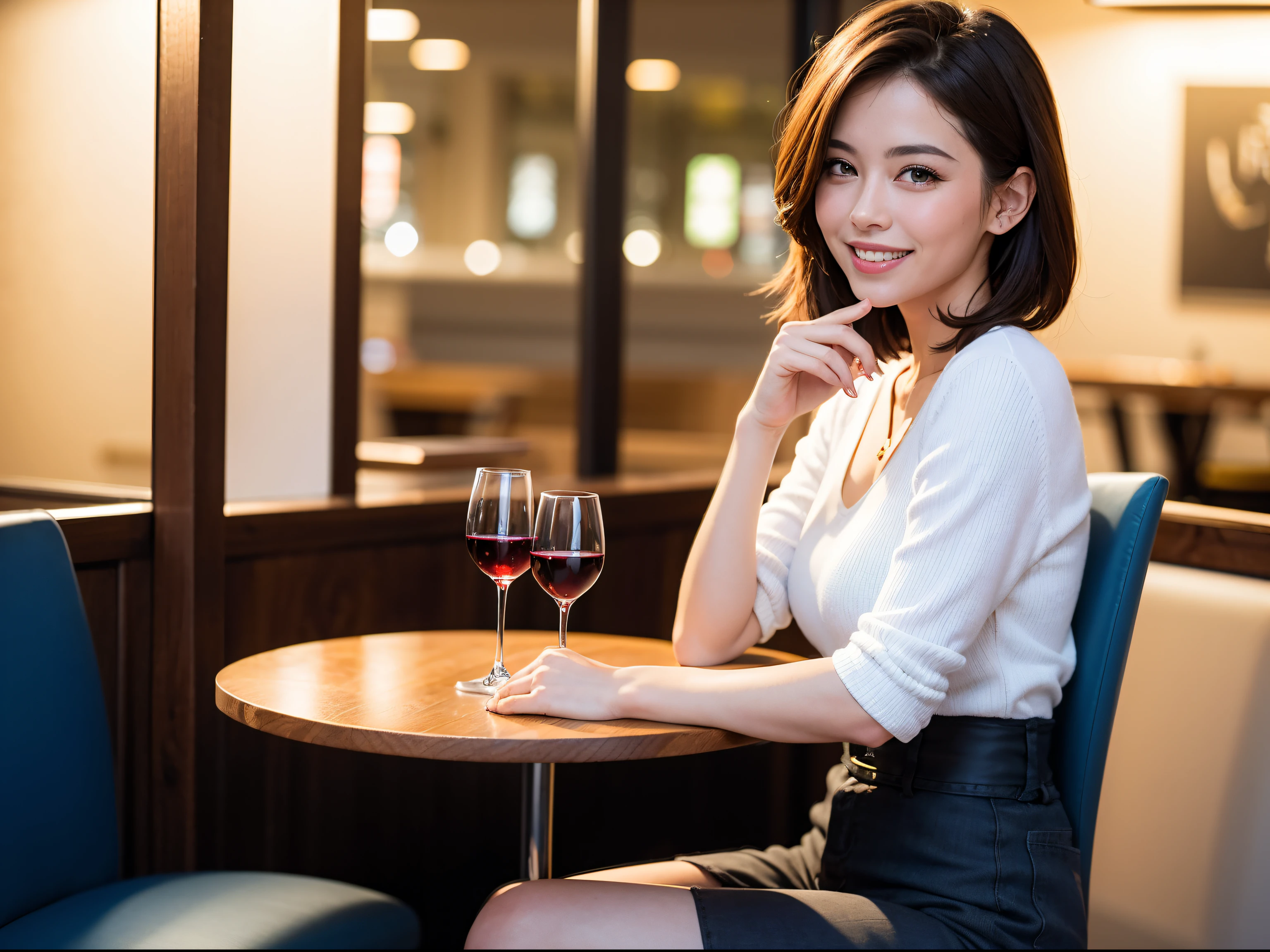 (64K, UHD, top quality, masterpiece: 1.2), (realistic, photorealistic: 1.37), super detailed, pretty woman 1, (slim face), (slim body), (brown hair), (short cut), cheeks slightly blushing, (40 years old), 38 years old, solo, beautiful detailed urban night view outside the window, restaurant, wine glass sitting, at night, in a prominent place (from the waist up) NovaFrogStyle, Actress, Model, Waist Up, White Wine, Slim, Wine Glass, Super Clean Night View, Wine Glass Put in the Middle, Happy Smile, (Smile: 1.15), Beautiful Fine Eyes, Upper Body, Bust Japan Up, Night, Short, Short, Actress, Model, Waist Up, White Wine, Slim, Wine Glass, Super Clean Night View, Wine Glass Put in the Middle, Happy Smile,