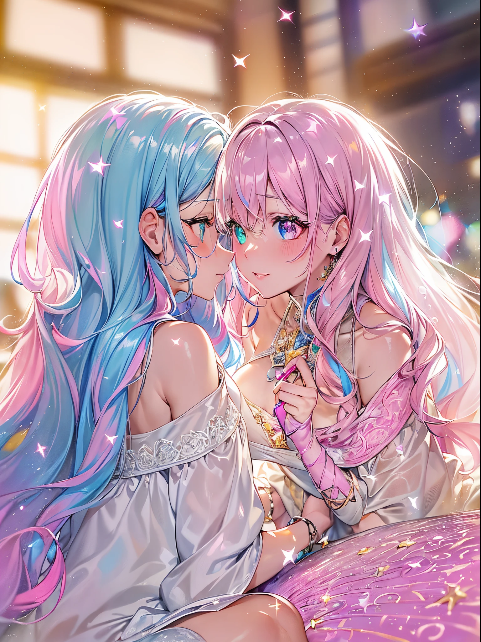(2 girls in), {{{Glitter Pupil:1.25, Heart-shaped pupil}}}),((Half blue and half pink hair,Shiny hair,Glowing hair)), (Heterochromia), (Light focus , Warm light gradient,Bright light gradient , Lens Flare, Fluffy, kirakira, Dreamy), ((masutepiece, of the highest quality, Beautiful and aesthetic)), {{{The best lighting, Very delicate and beautiful,Cinematic Light}}}, (delicate detail,Hyper-detailing, intricate-detail)