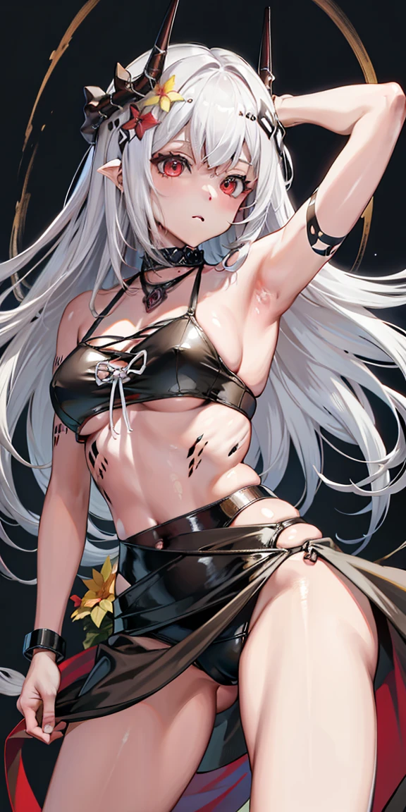 tmasterpiece，Best quality at best，A high resolution，独奏， OriginalOutfit1，white color hair，red color eyes，very cool expression，at dance party，red wine garnish，Mdek，black bikini，horn，black swimsuit skirt