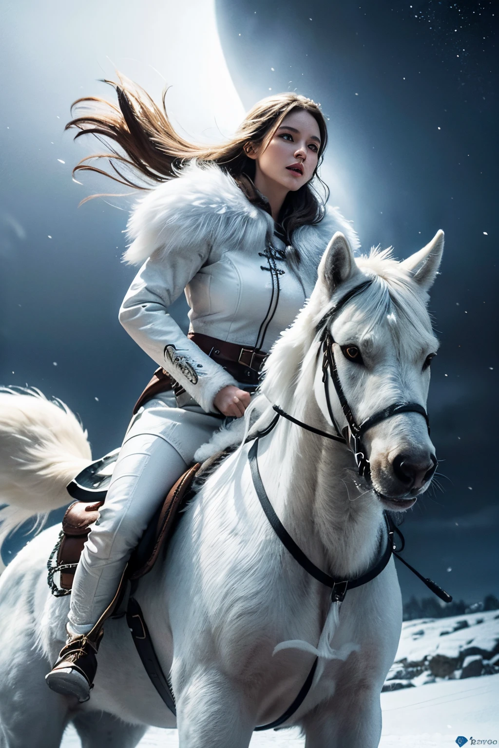 A Nordic barbarian woman, riding on a giant white wolf mount, all white leather and fur outfit, arctic scenery, snow storm, dramatic scene, at night, polar aurora, beautiful shading, vibrant colors, 8k,  snow particle effects, photo-realistic, HDR, intricate details, detailed face, detailed eyes, detailed skin, extreme realism
