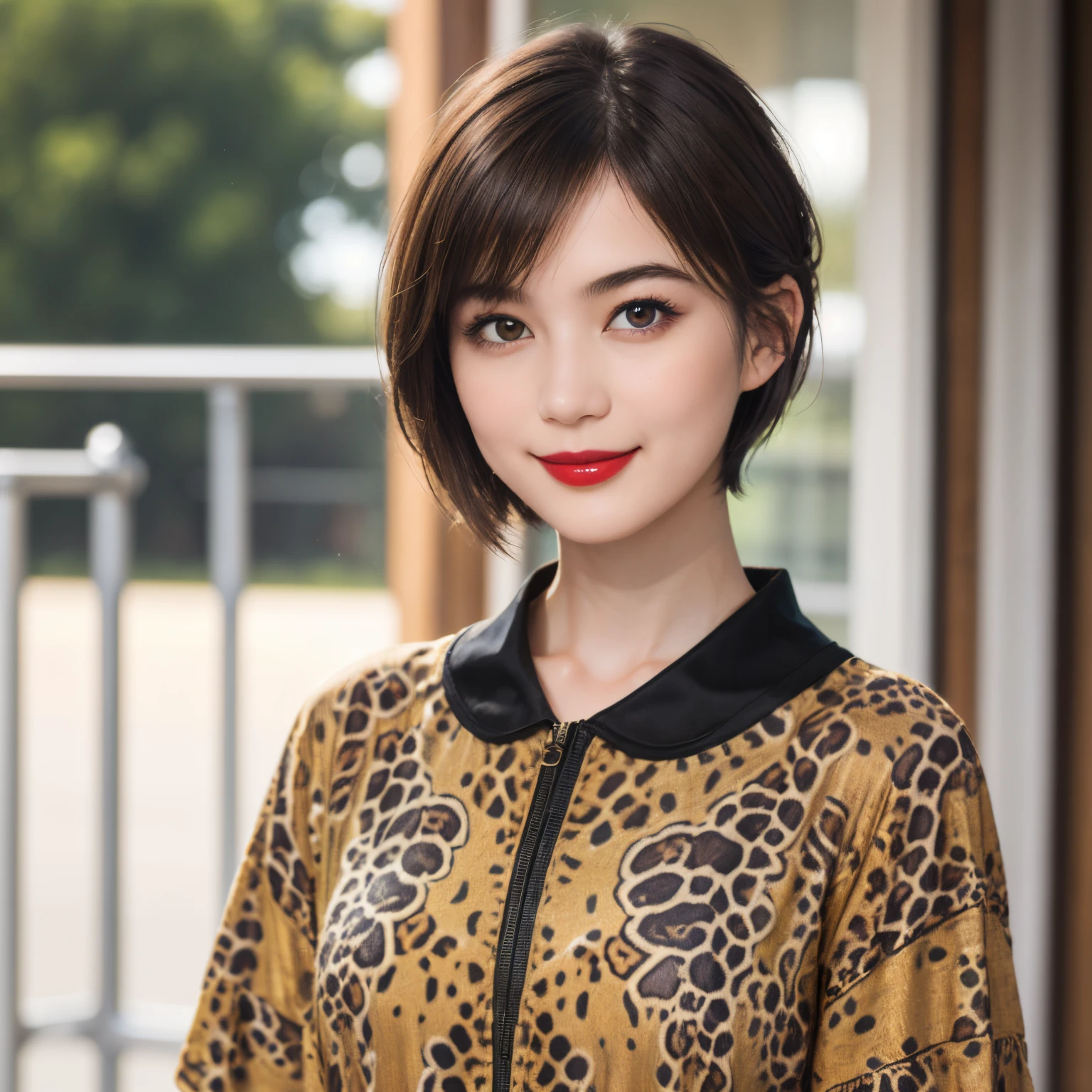 113
(a 20 yo woman,is standing), (A hyper-realistic), (high-level image quality), ((beautiful hairstyle 46)), ((short-hair)), (Gentle smile), (brest:1.1), (wild animal print clothing), (There is a chameleon), (lipsticks)