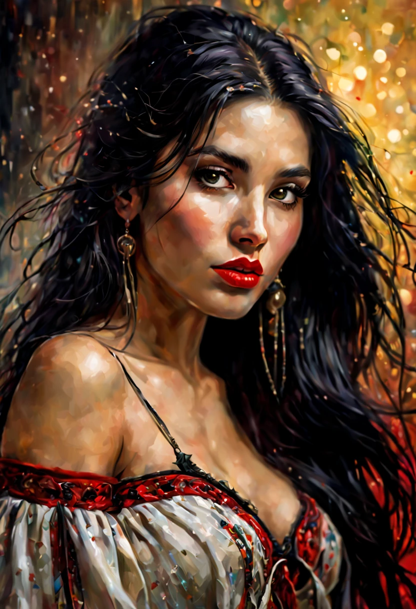 young Bolivian woman with long black hair, image rich in details,
clear, oil paint, red lipstick, dramatic lighting, extremely realistic, 8k,
insane details, intricate, bokeh, taken with a 60mm lens, ISO 300, f/4, 1/200th,
vivid colors, by Pino Daeni, Vincent van Gogh, Luis Royo, Frank Frazetta