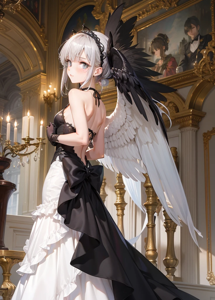 1skinny-delicate cold stinking eyes, sideways glance,ultra detailed,best quality,masterpiece, 18yars old,small bresats,delicate black slender wedding dress&Lace Gothic Choker&6wings-head wear&see through gloves,see-trough vail covered long silver pony tail,wavy slanted frils from slit,delicate gold-jewerly ornaments, light&dark,bangs down,luxuary dance ball,luxuary dance ball