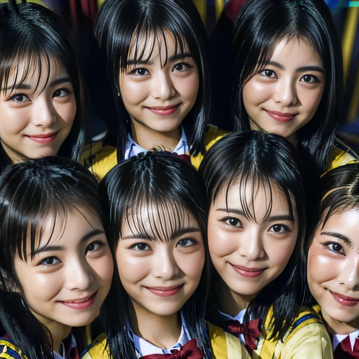 a picture、(((multiple girls))),((((6+girls))))、((10 girls))、The same face、matching school uniform、、Long black hair、10 cute girls、a smile、Selfie stick、Classroom、Raw photo、same person、Doppelganger、(group portraits)、a junior high student