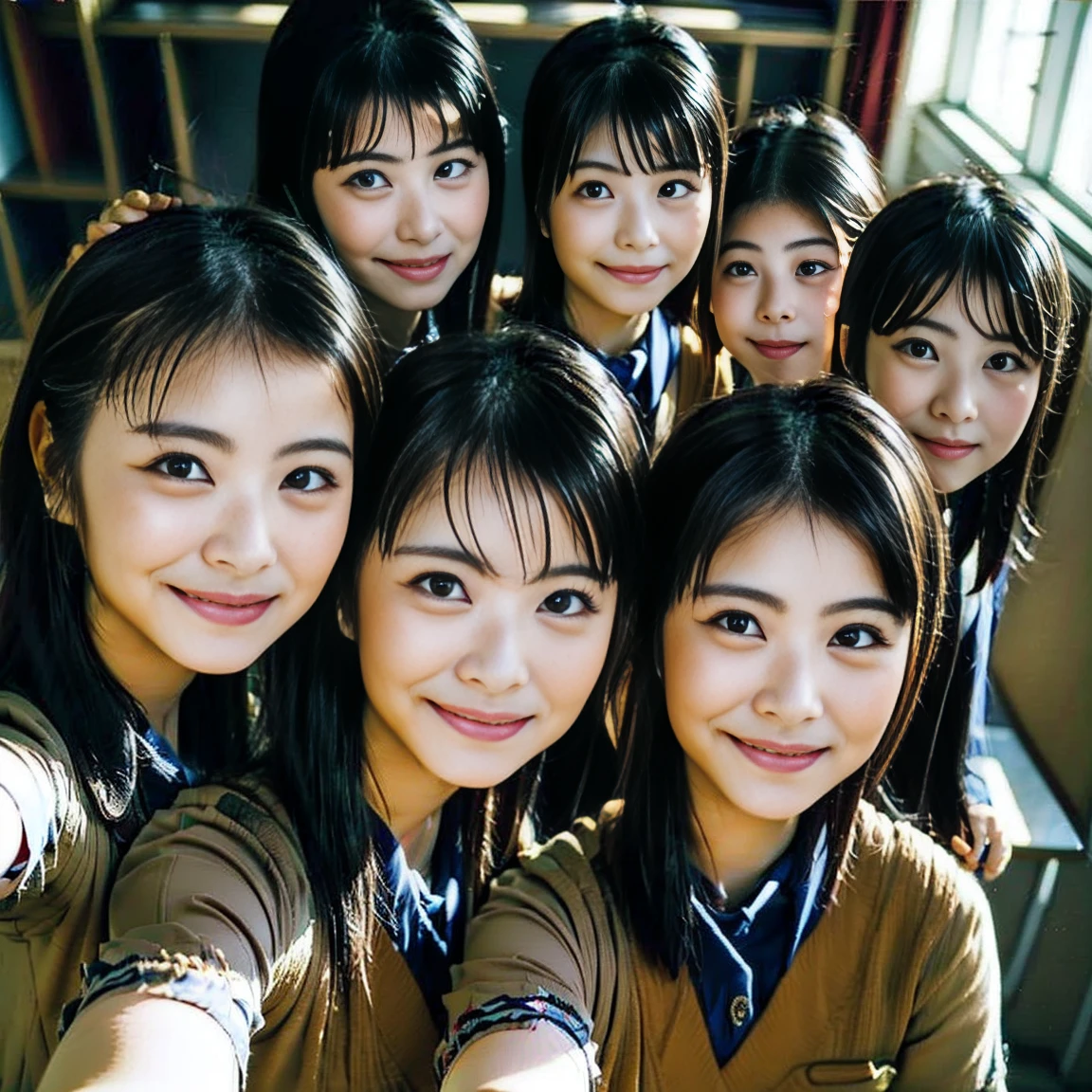 a picture、(((multiple girls))),((((6+girls))))、((10 girls))、The same face、matching school uniform、、Long black hair、10 cute girls、a smile、Selfie stick、‎Classroom、Raw photo、same person、Doppelganger、(group portraits)、a junior high  student