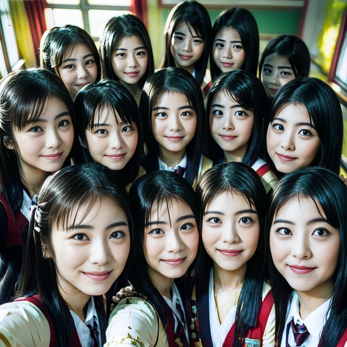 a picture、(((multiple girls))),((((6+girls))))、((10 girls))、The same face、matching school uniform、12 years old、Long black hair、10 cute girls、a smile、Selfie stick、‎Classroom、Raw photo、same person、Doppelganger、(group portraits)、a junior high school student