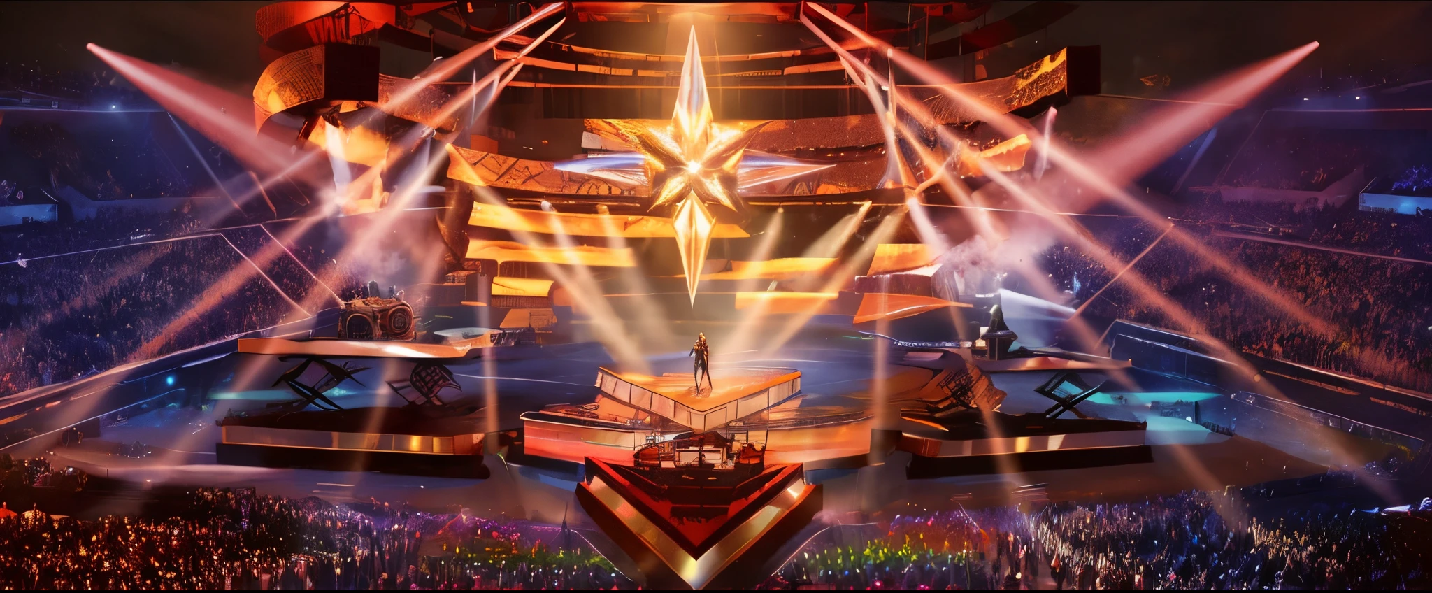 Concert appearance atmosphere,Arav's view on stage,Someone on stage with a microphone, concept art magical highlight, Anime landscape concept art, Colorful concept art, Official concept art, award winning concept art, concept-art, dramatic lights. concept-art, concept-art, award winning concept art, Amazing Cleavage! concept-art, conceptual drawing, Official artwork, elaborate stage effects,8K,Vray rendering,epic,hyper-detailing