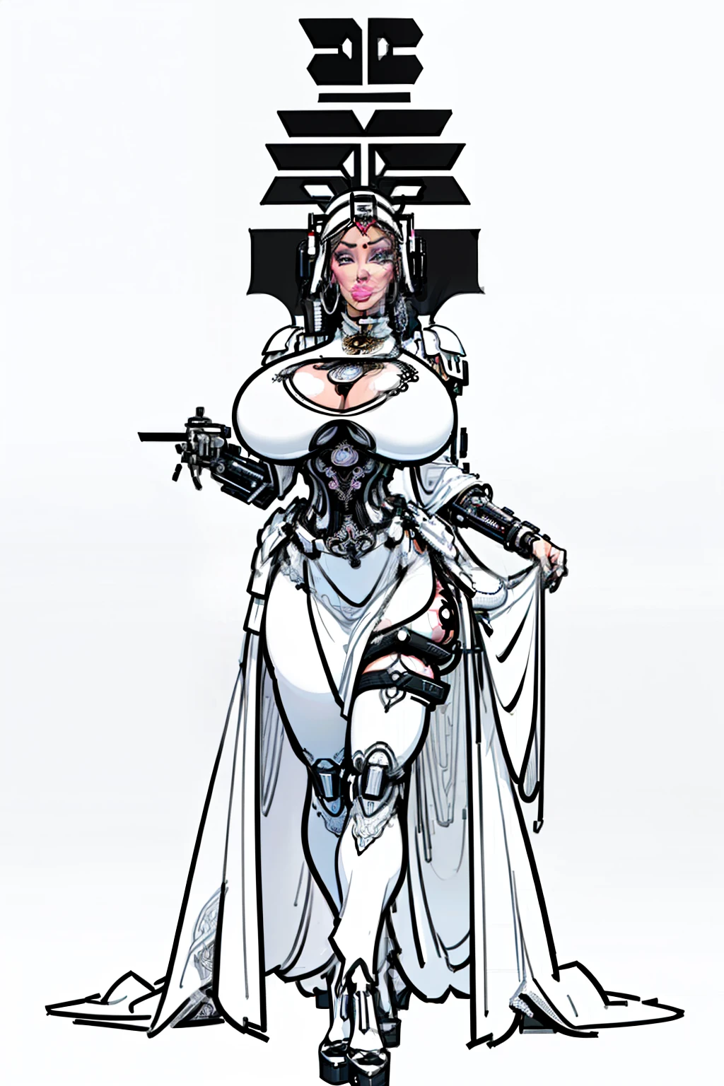 masterpiece, best quality, (detailed background),High contrast, gigantic breasts, 1girl,full body, cowboy shot,(white background:1.5),clean lineart,,((masterpiece)),(((best quality))),((character design sheet)), ((full body view)) ((cyberpunk empress)) mature face, ((middle eastern eyes:1.4)), (( cybernetic gown)), (((intricate futuristic breastplate))), defined cheekbones, high cheekbones, illustration, muscular, ((cyber:1.4)), sexy bimbo, (gigantic breasts:1.7) black hair, ((detailed face:1.4)) beautiful woman, (Chinese:1.4) (skin:1.4) , (lipstick:1.4), shiny skin, scribbles and marks,(puffy lips:1.4) , rough sketches, pose, 8k,16k, (simple background, white background: 1.3),((cyberpunk aesthetic))