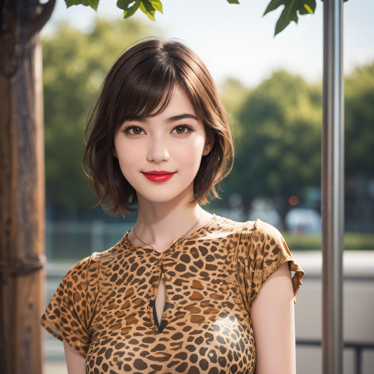 113
(a 20 yo woman,is standing), (A hyper-realistic), (high-level image quality), ((beautiful hairstyle 46)), ((short-hair)), (Gentle smile), (brest:1.1), (wild animal print clothing), (There is a chameleon), (lipsticks)