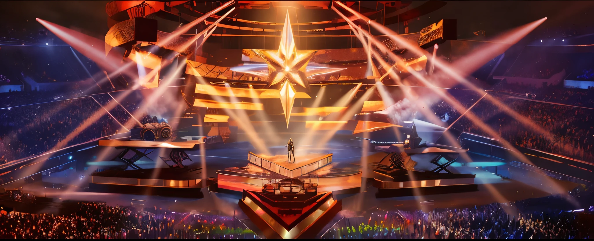 Concert atmosphere,Araf'view on stage,Someone on stage with a microphone, concept art magical highlight, Anime landscape concept art, Colorful concept art, Official concept art, award winning concept art, concept-art, dramatic lights. concept-art, concept-art, award winning concept art, Amazing cleavage! concept-art, conceptual drawing, Official artwork, elaborate stage effects,8K,Vray rendering,epic,hyper-detailing