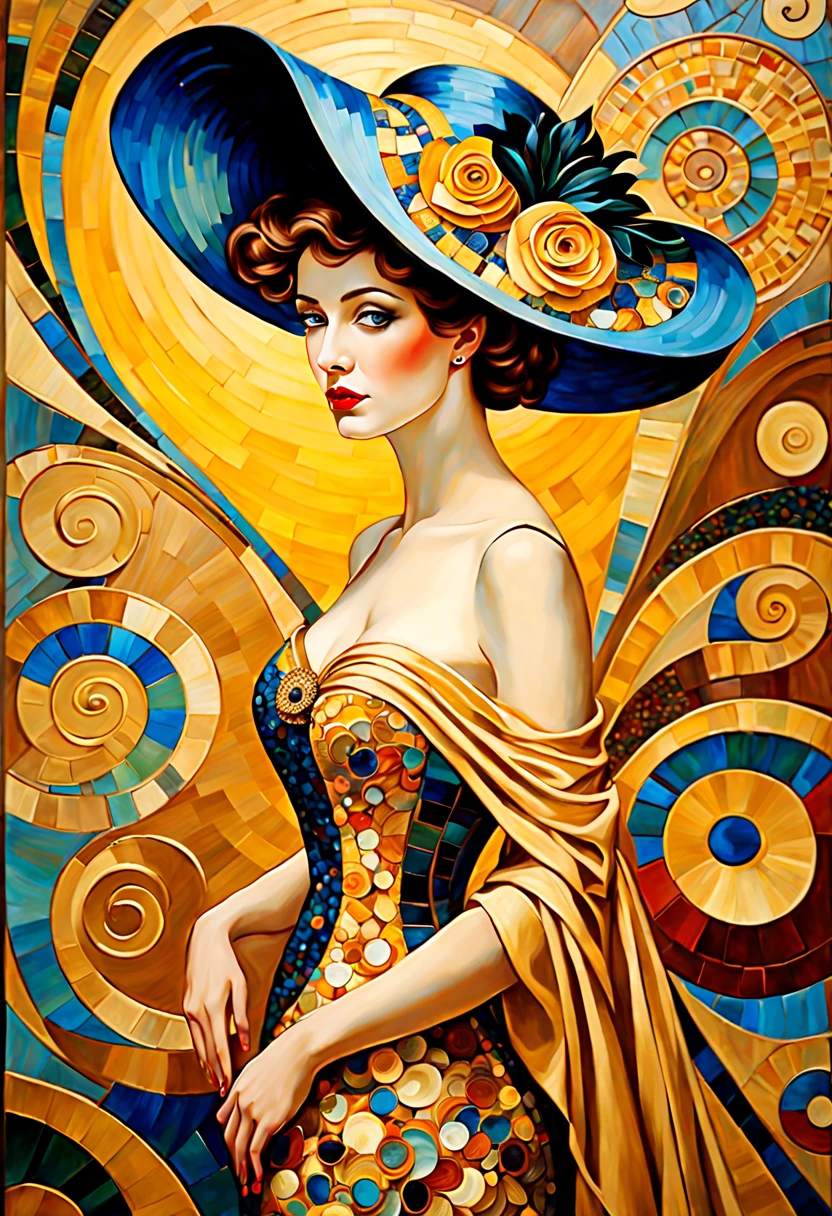 Fine Art, Oil painting, thick brushstokes, an elegant lady lost in her dreams, inspired by [Gustav Klimt | Vincent van Gogh | Pablo Picasso | Gil Elvgren], hat, captivating mosaic wall, swirls, Triadic colors, Art Nouveau, Byzantine Mosaics, gold accents, Elegance, Sophistication, Classy, highly refined, Stylish, complex background, Timeless, Luxury, Subtle, Graceful, High-end, intricate patterns, sensual forms, intricate textures, dramatic lighting, emotional depth, dehazed, perfect cohesive composition