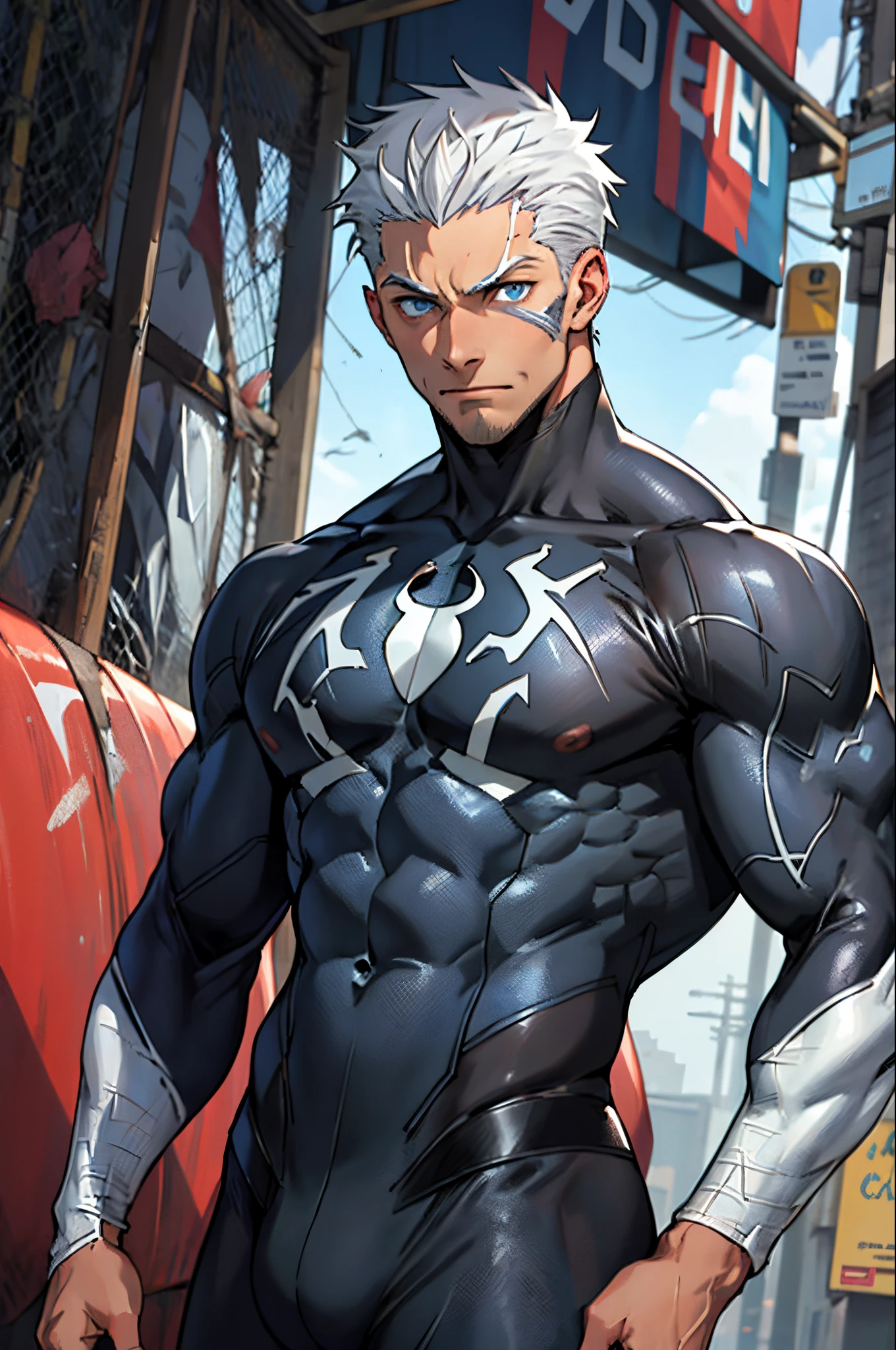 young muscular male, masterpiece, intricate details, upper body, best quality, eye focus, silver hair, manly, stubble, venom, symbiote,(emiya_shiro:1.2),dark skin, 1boy, (symbiote full bodysuit:1.1), eye focus, face, detailed eyes, symbiote skin tight, blue eyes, full body,