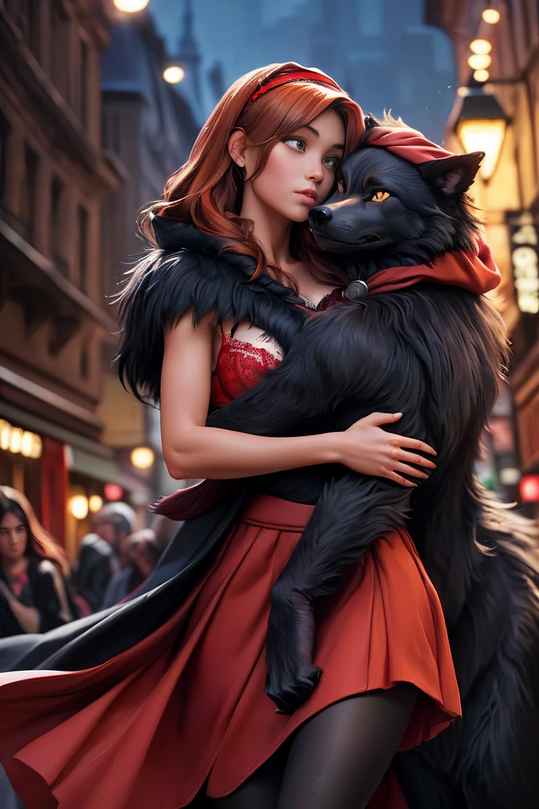 Depicts a powerful werewolf hugging a blonde girl，(((black humanoid wolf)))，(((Black furry humanoid wolf)))，(((beautiful sexy girl)))，(((Girls wear：red head band, cloaks, Large bra, a skirt, red long skirt，laced dress)))，((Sexual suggestiveness))，Correct anatomy，Detailed faces, A detailed eye，(((the right proportions)))，The city at night，The lights came on，(post impressionist),(Fechin Oil Painting - Fechin Oil Painting , oil painted), 03