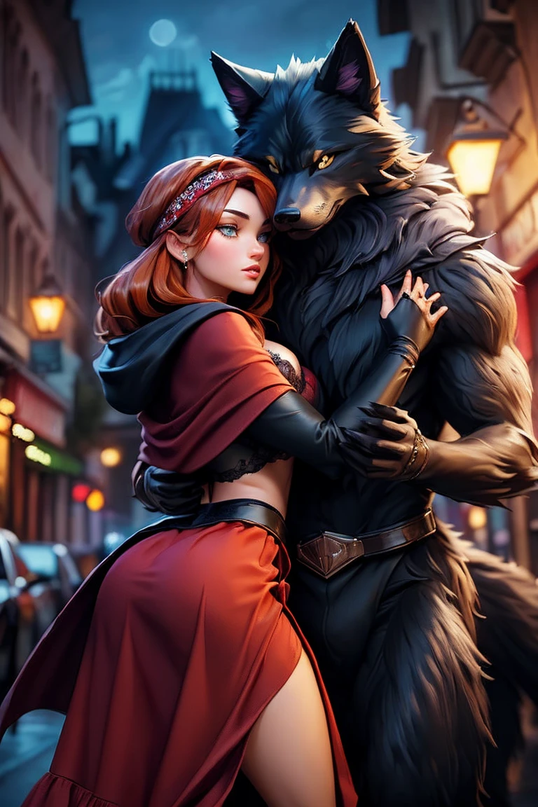 Depicts a powerful werewolf hugging a blonde girl，(((black humanoid wolf)))，(((Black furry humanoid wolf)))，(((beautiful sexy girl)))，(((Girls wear：red head band, cloaks, Large bra, a skirt, red long skirt，laced dress)))，((Sexual suggestiveness))，Correct anatomy，Detailed faces, A detailed eye，(((the right proportions)))，The city at night，The lights came on，(post impressionist),(Fechin Oil Painting - Fechin Oil Painting , oil painted), 03