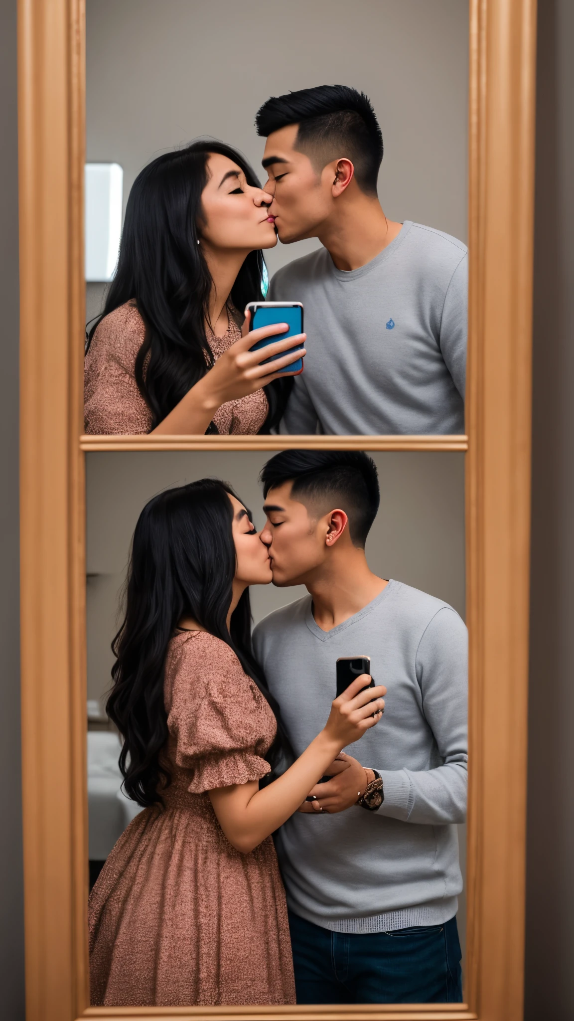 there is a man and woman taking a selfie in a mirror, in love selfie, lovely couple, kissing together cutely, couple pose, very very low quality picture, shot on nikon z9, growth of a couple, 8k selfie photograph, couple, they are in love, taken with sony alpha 9, facebook post, 4k post, 4 k post