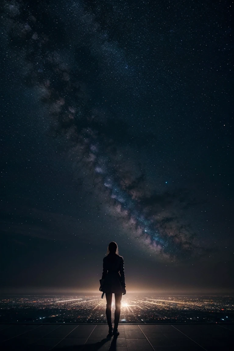 Cosmic cities in the distance, a tall girl figure facing forward and looking into the distance colors and space. lifestyle photography, candid, realistic, epic realism, cinematic, epic realism,8K, highly detailed and water falls behind her and more cosmic, movie like