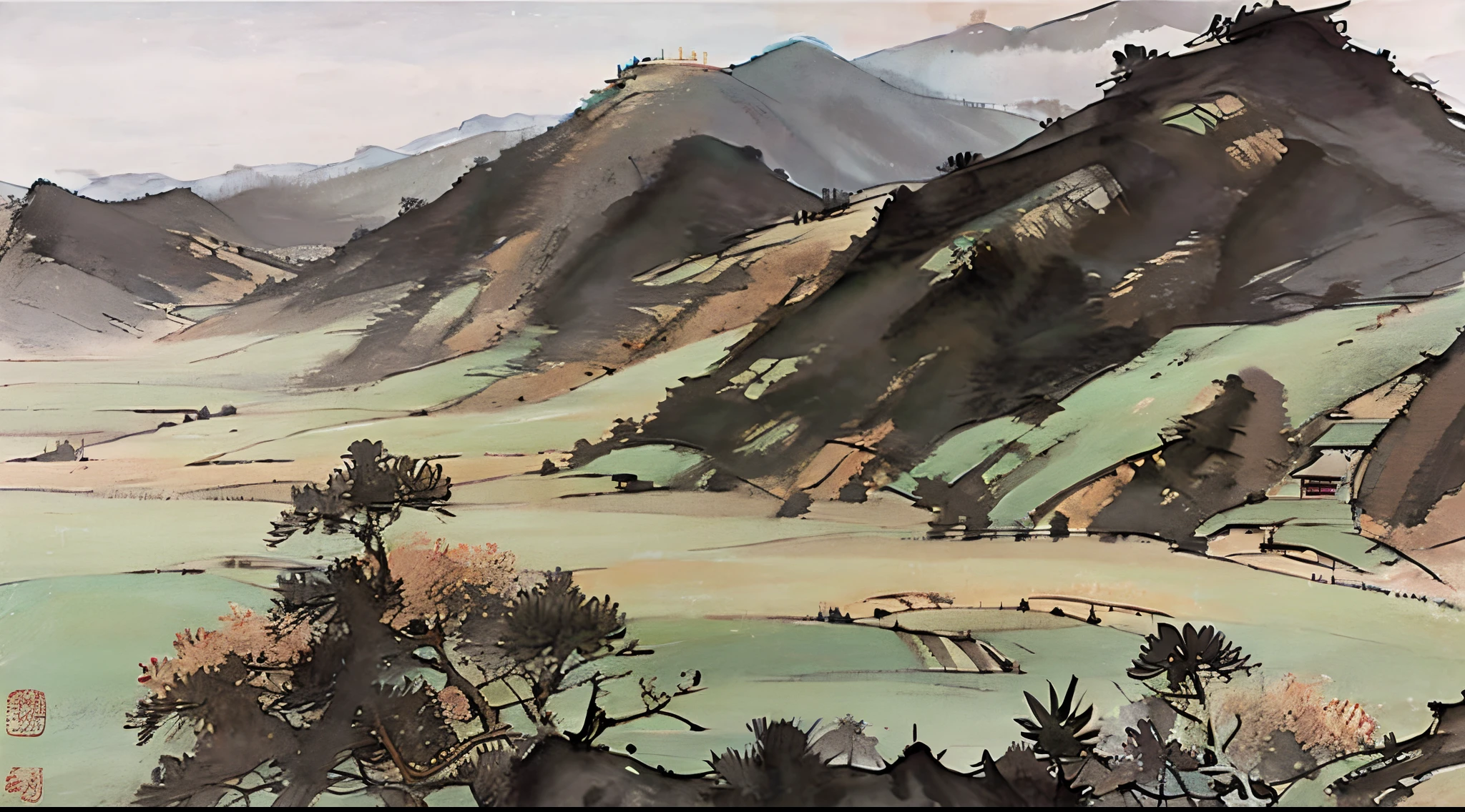 Chinese landscape painting,High mountains in the distance,grassy fields(without humans)