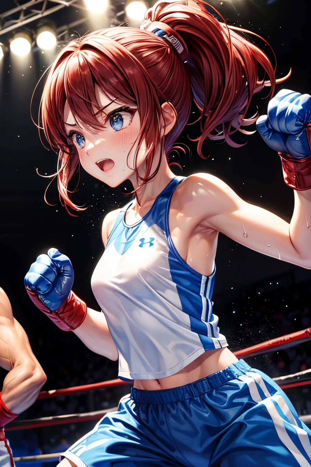 femele、boxing、under armour、Boxing gloves、Boxing rings、audience、Sweaty、facing front、fighting poses