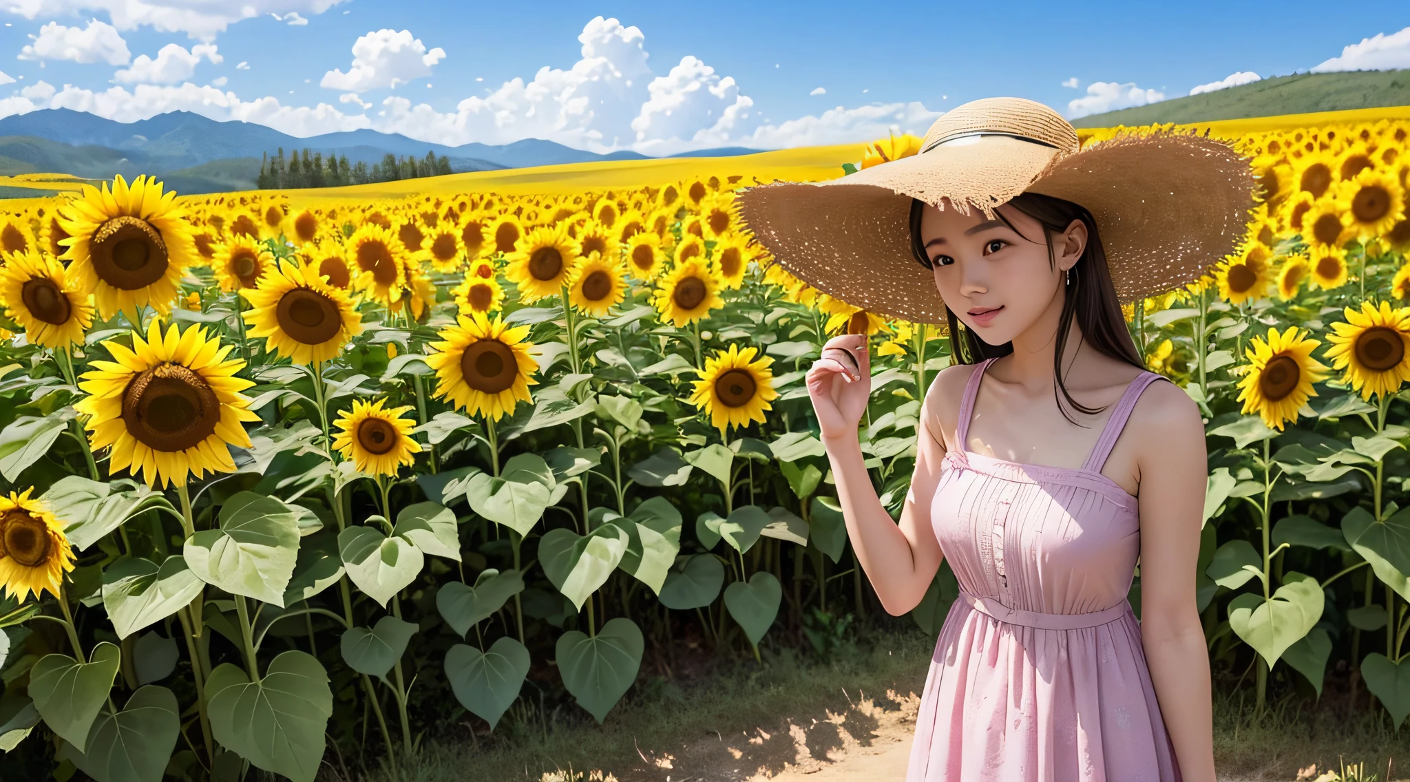 超A high resolution、An ultra-high picture quality、8K、Detailed details、marvelous expression、countryside in a high mountain basin、Sunflowers blooming on fallow land、There are enough trees in bloom to fill the rice field.、A girl standing alone in a sunflower field、Pink dress and straw hat、put your hand on your hat and look up、Spectacular blue sky with no clouds、