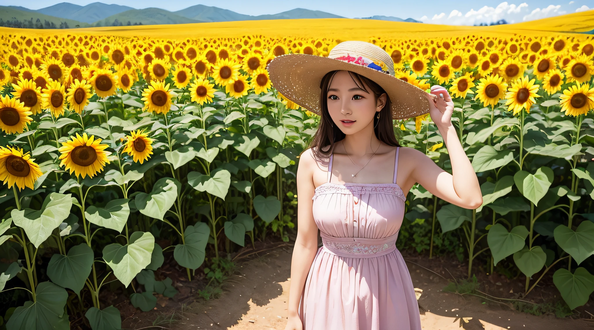 超A high resolution、An ultra-high picture quality、8K、Detailed details、marvelous expression、countryside in a high mountain basin、Sunflowers blooming on fallow land、There are enough trees in bloom to fill the rice field.、A girl standing alone in a sunflower field、Pink dress and straw hat、put your hand on your hat and look up、Spectacular blue sky with no clouds、