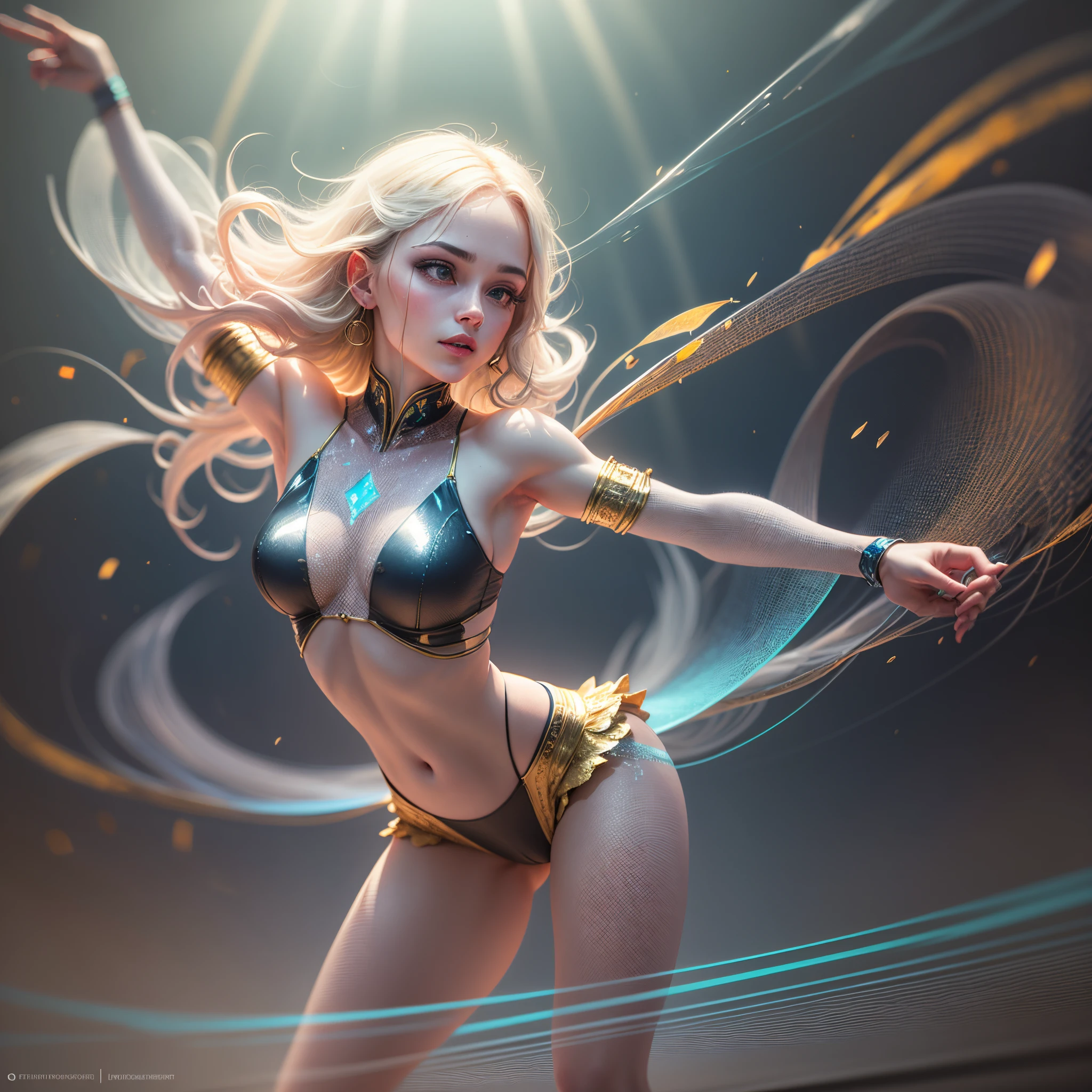 For your request to combine a 3D hologram style with the specified details in digital 3D art style, the prompt would be:
/imagine "A 3D hologram render of a female dancer with striking golden hair, captured in a dynamic, energetic dance pose. This holographic image, while ethereal and translucent, is rich in detail and color. The environment is a 3D beach setting, where the hologram cleverly integrates realistic water reflections, shimmering and sparkling as if they're responding to the dancer's movements. The atmosphere of the scene is lively and vibrant, enhancing the impression of her lively dance moves. This piece is realized using advanced 3D rendering software, allowing for high-resolution textures and detailed lighting settings that highlight the holographic quality of the image. The light plays across the scene, creating a mesmerizing depth and movement, making the dancer and her surroundings appear both surreal and strikingly real." --auto --s2