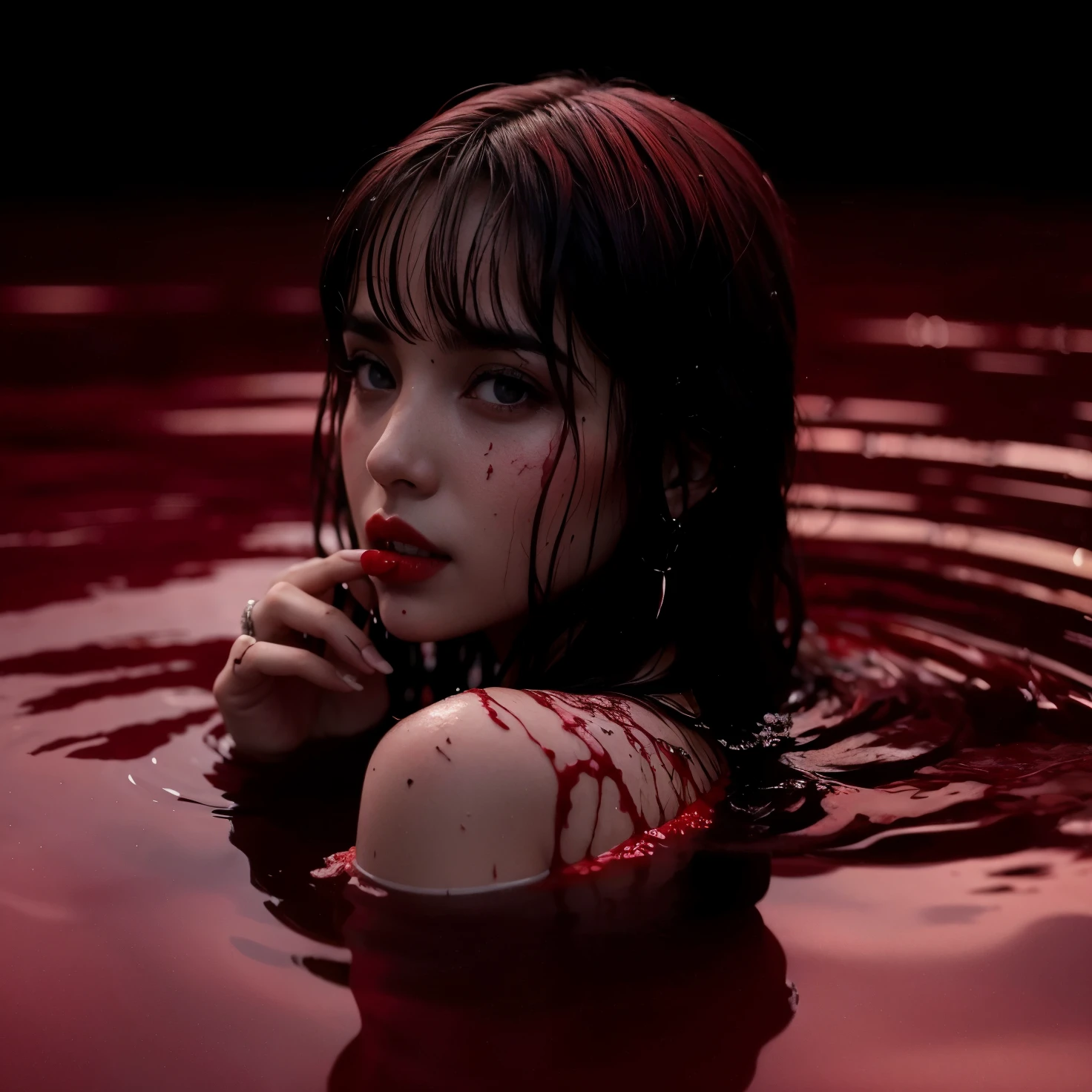Mujer arafed en un charco de agua roja con sangre en la cara, de pie en un charco de sangre, lluvia de sangre, lluvia de sangre, empapado de sangre, charcos de sangre, sangrado de color rojo lluvia, rojo sangre, sangre en el agua, agua roja, sangre en el maraltamente, crimson blood tears, cubierto de sangre, Mar de sangre, cubierto de sangre